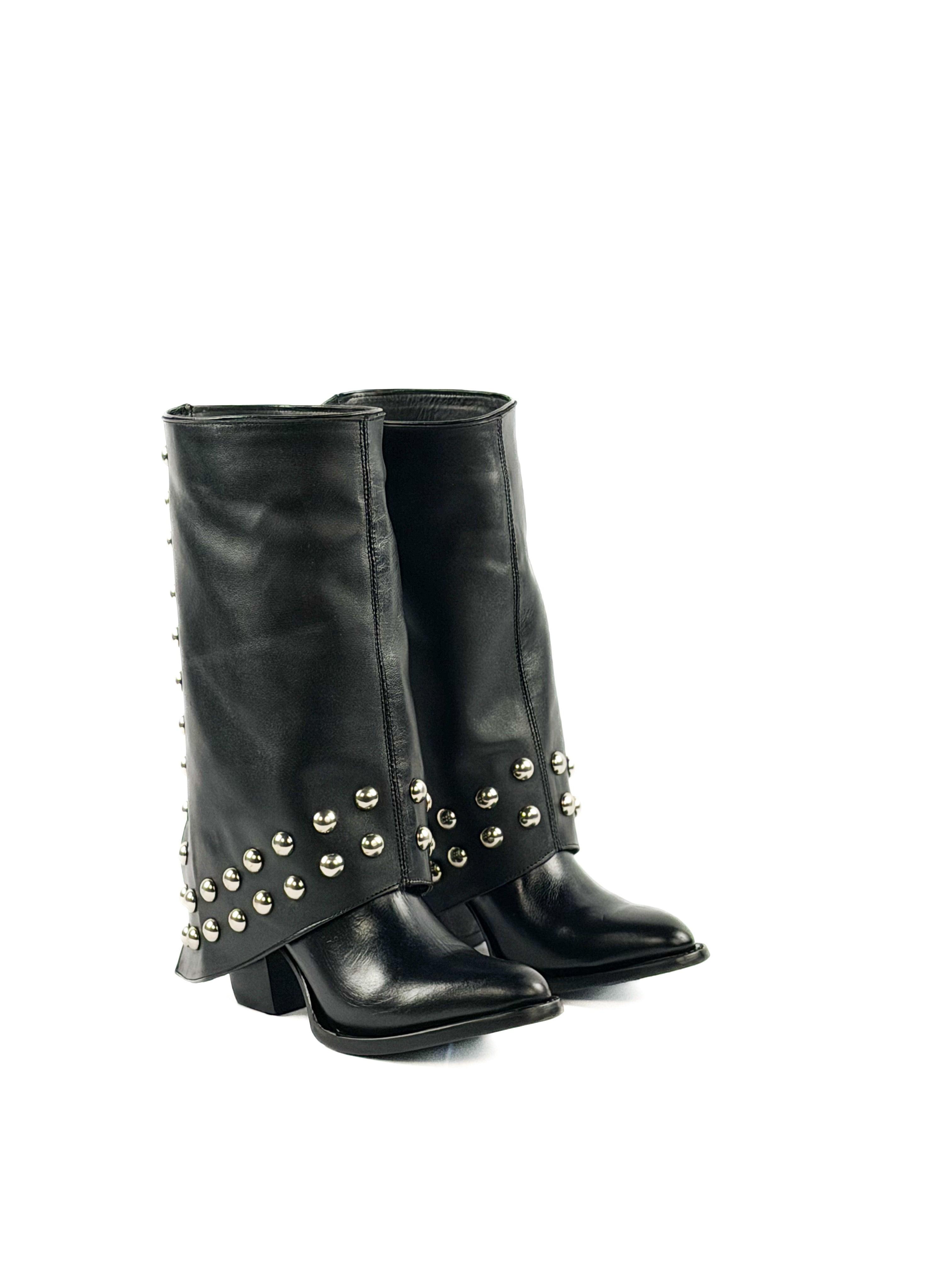 Black studded mid calf round toe boots 
