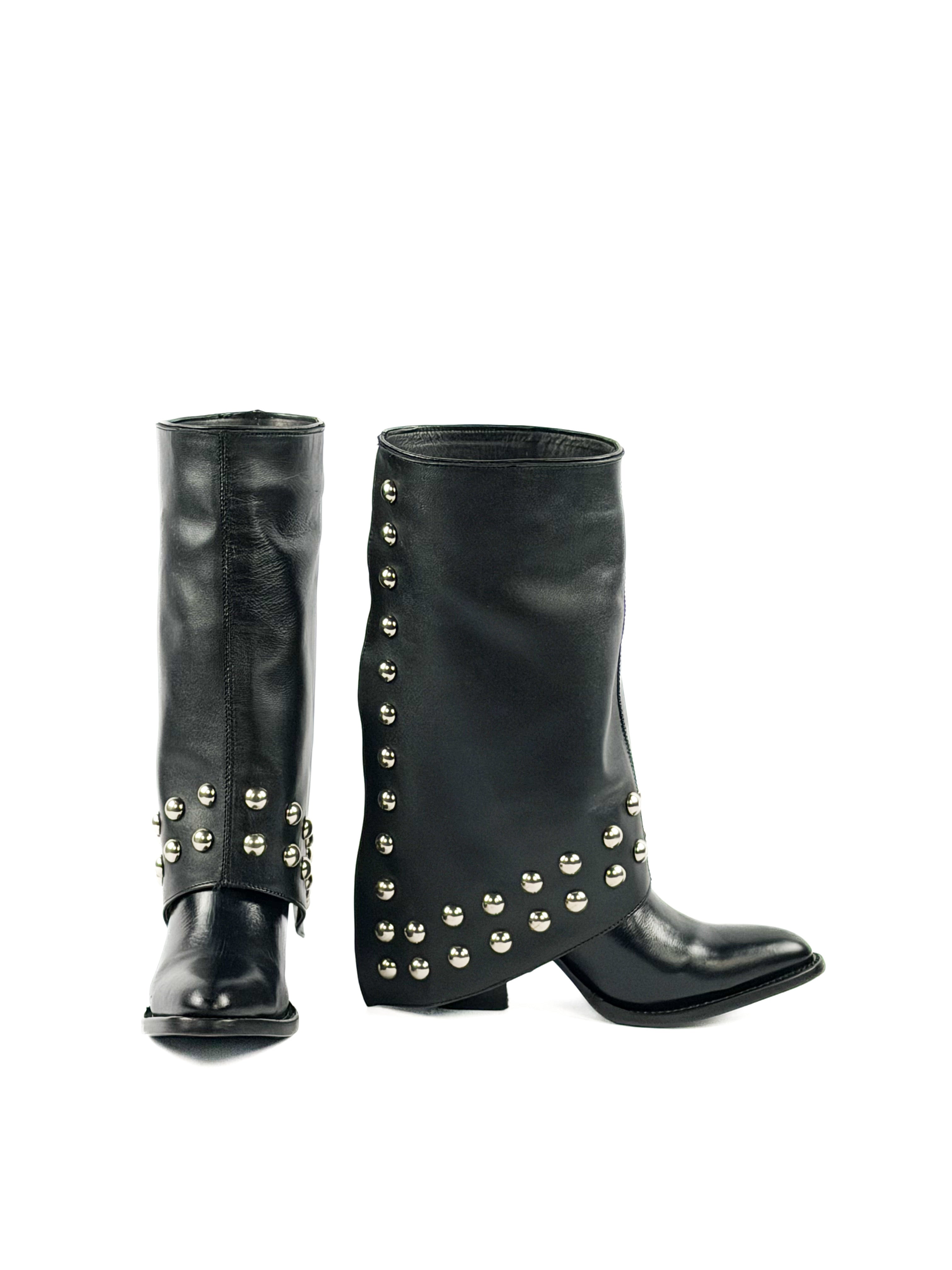 Black studded mid calf round toe boots 