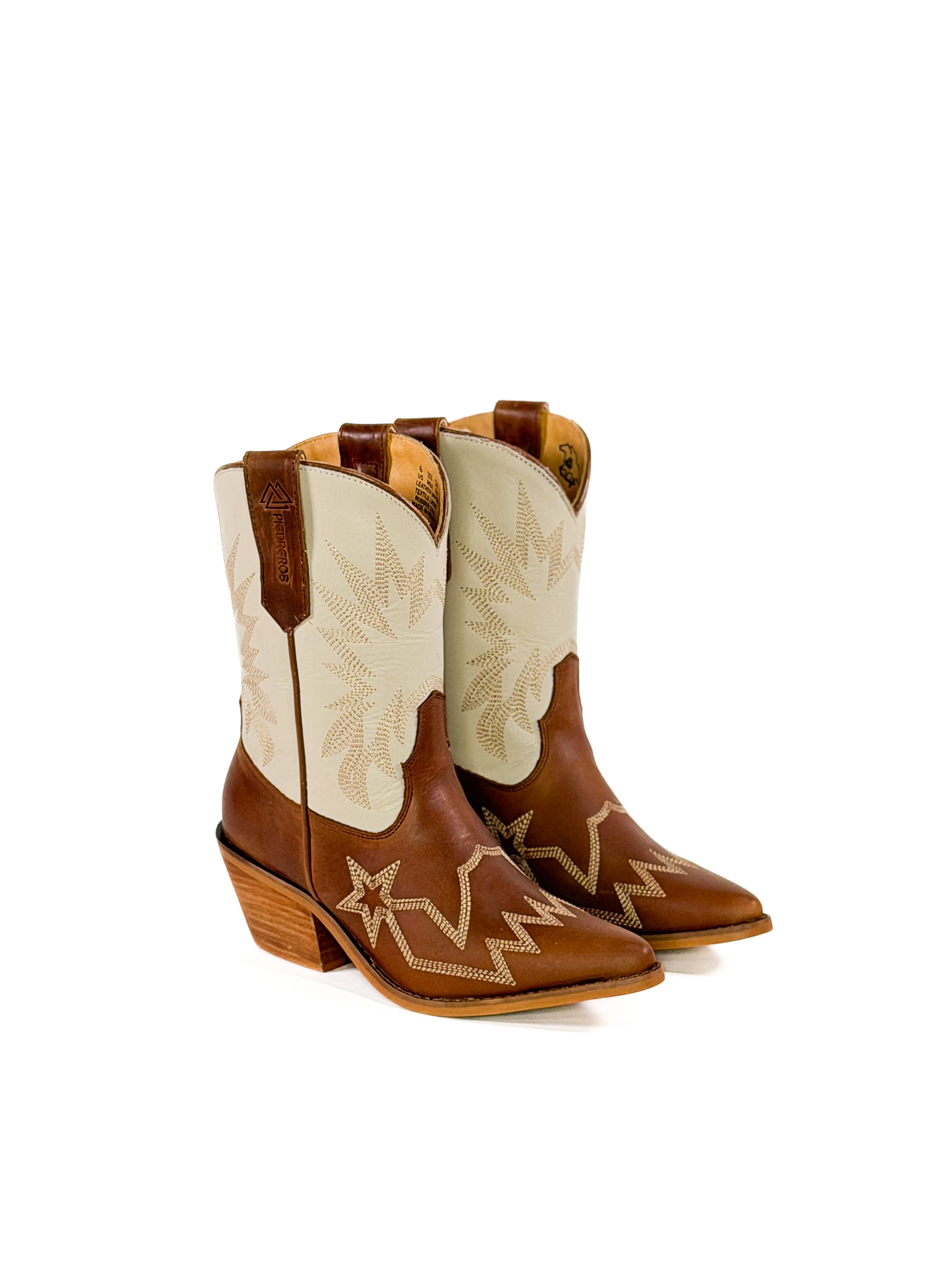 Brown and cream leather ankle cowgirl booties 
