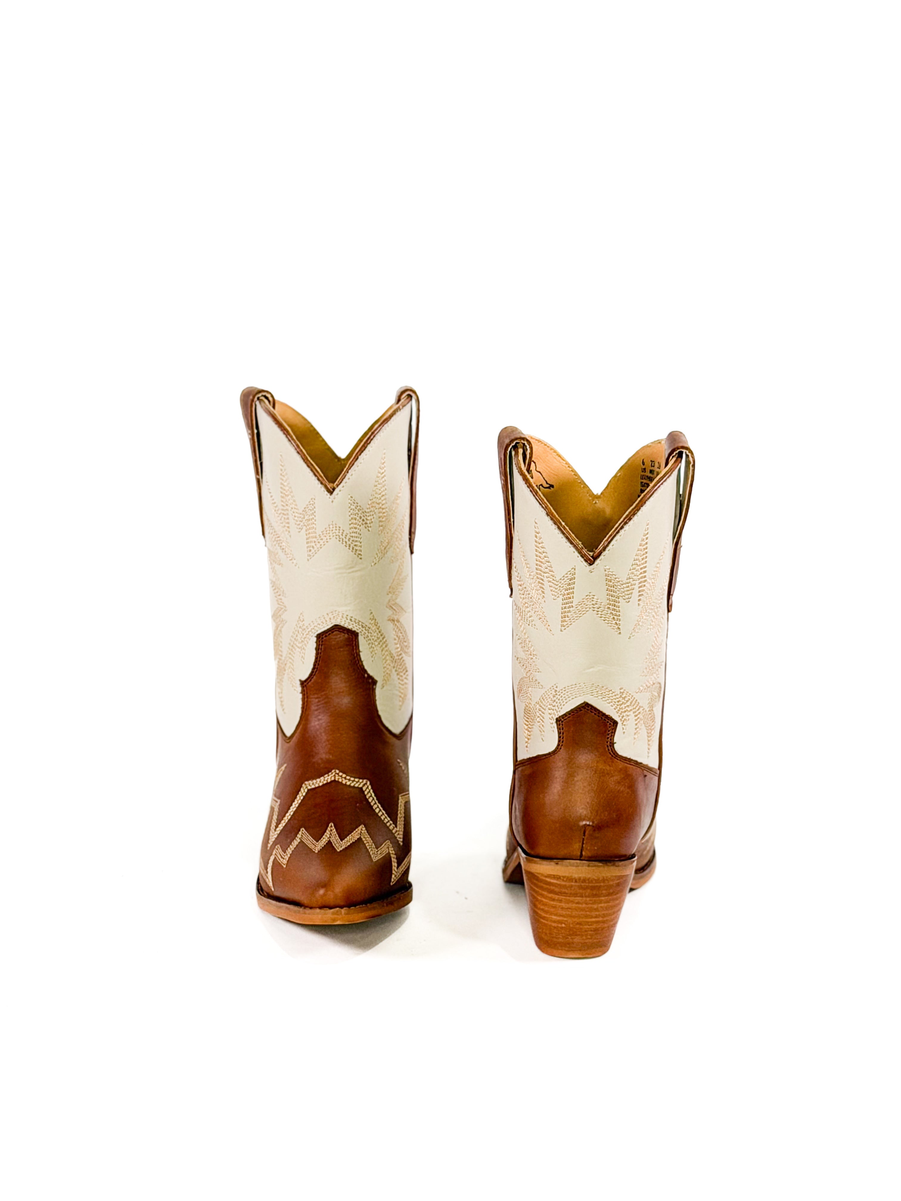 Brown and white leather snip toe cowgirl boots