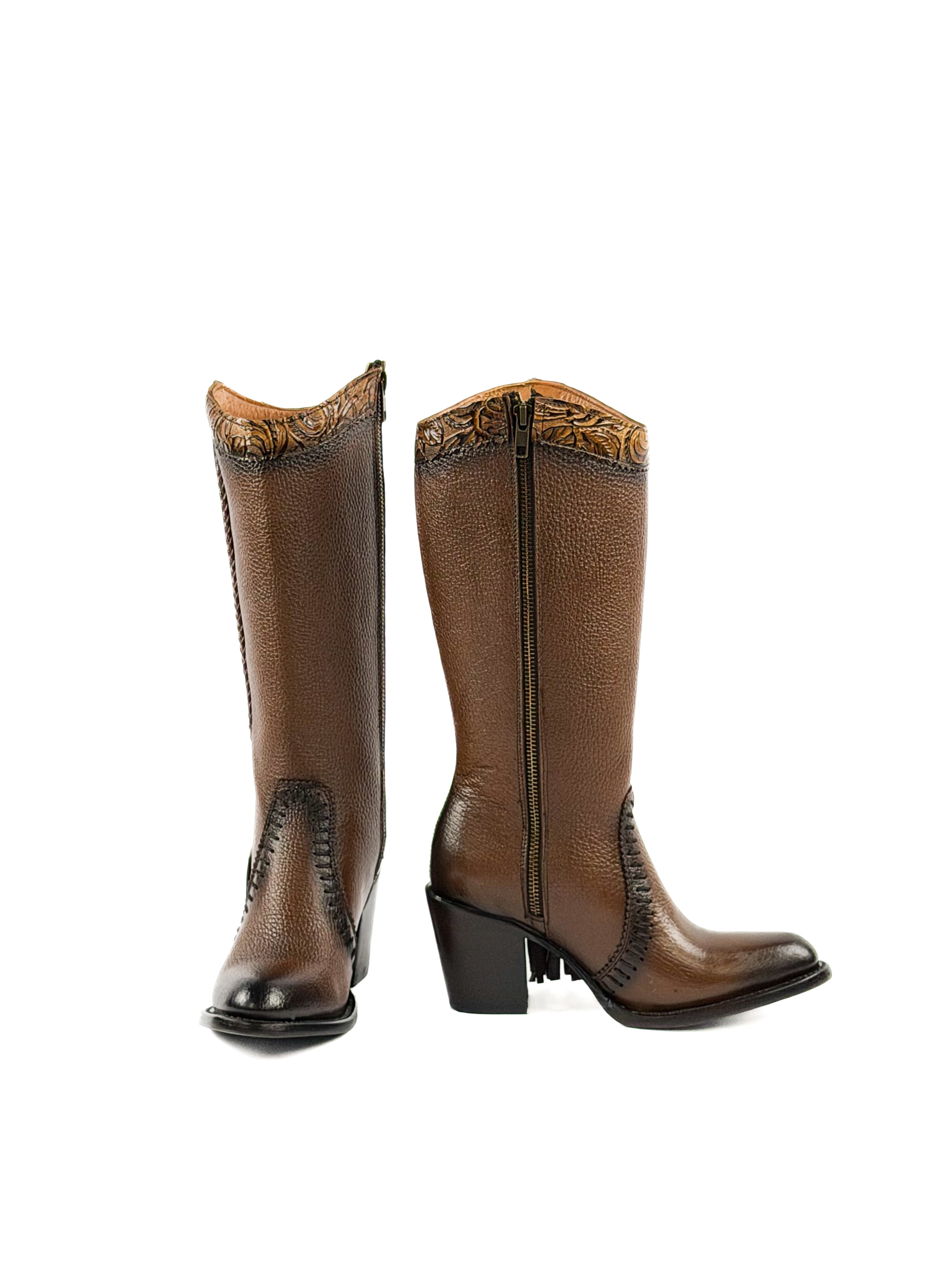 Pair of round toe honey brown leather boots with decorative elements
