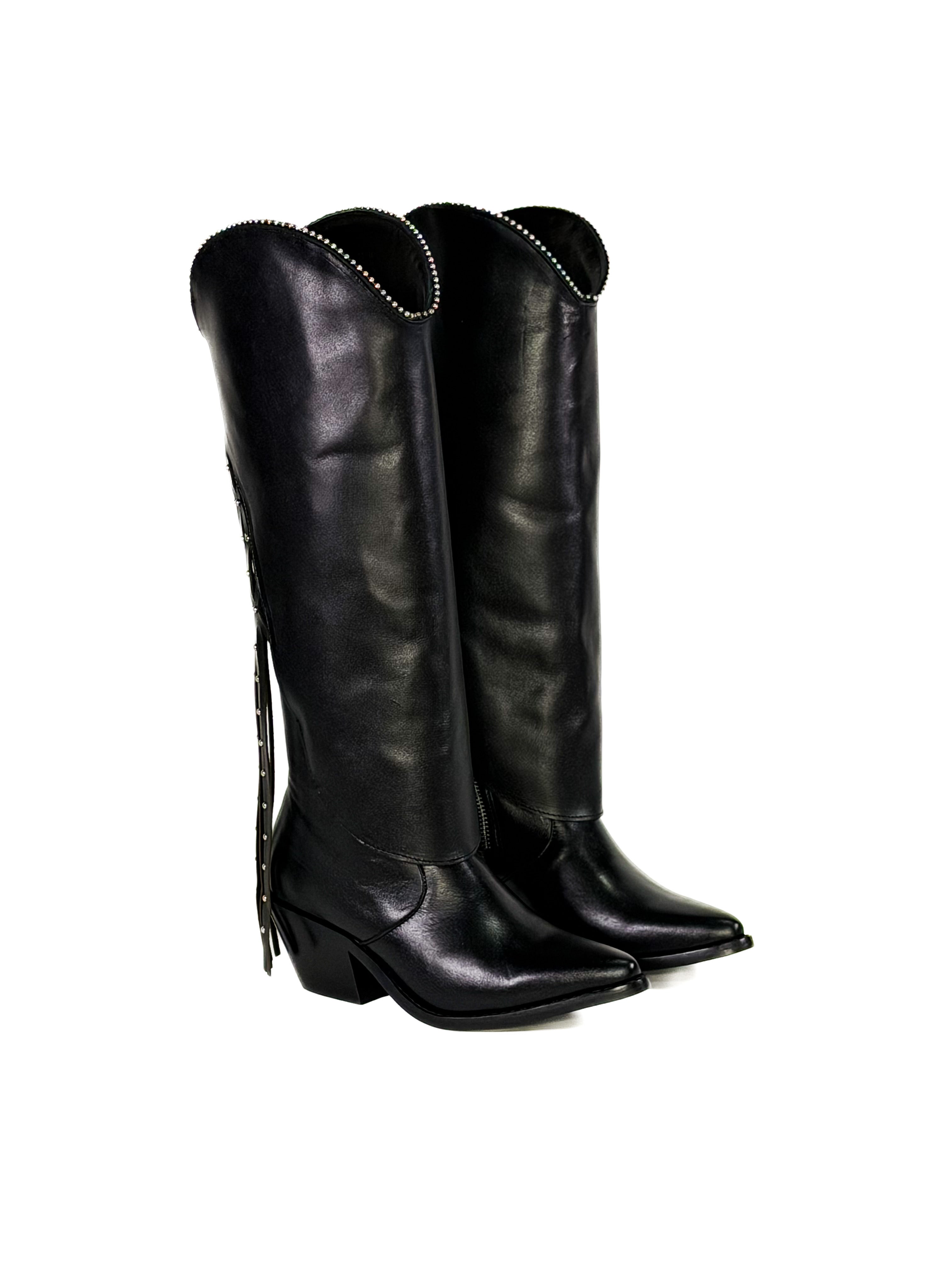 Black fringe studded zipper leather cowgirl boots