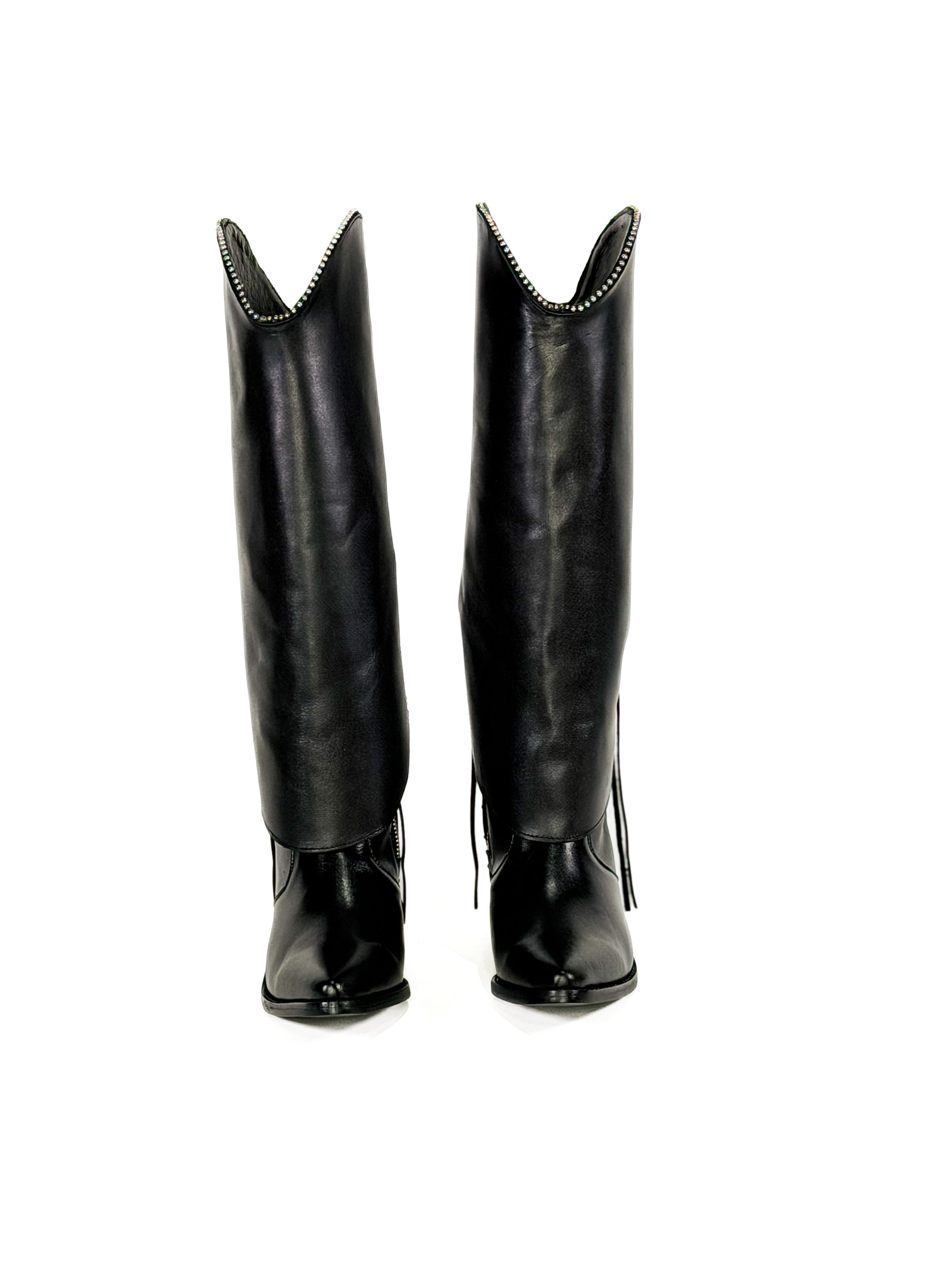Black fringe studded zipper leather cowgirl boots