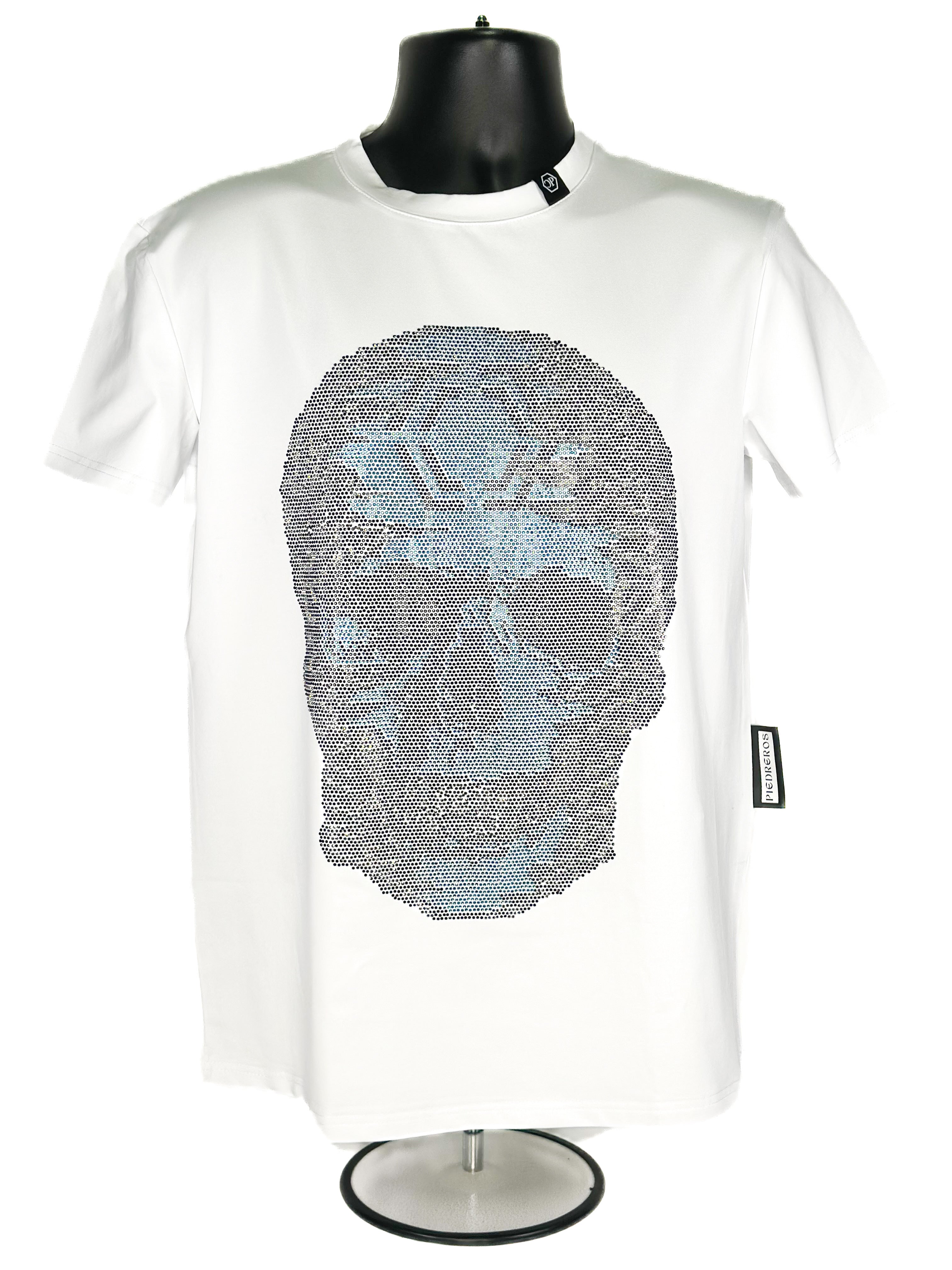 White t-shirt with blue and black skull