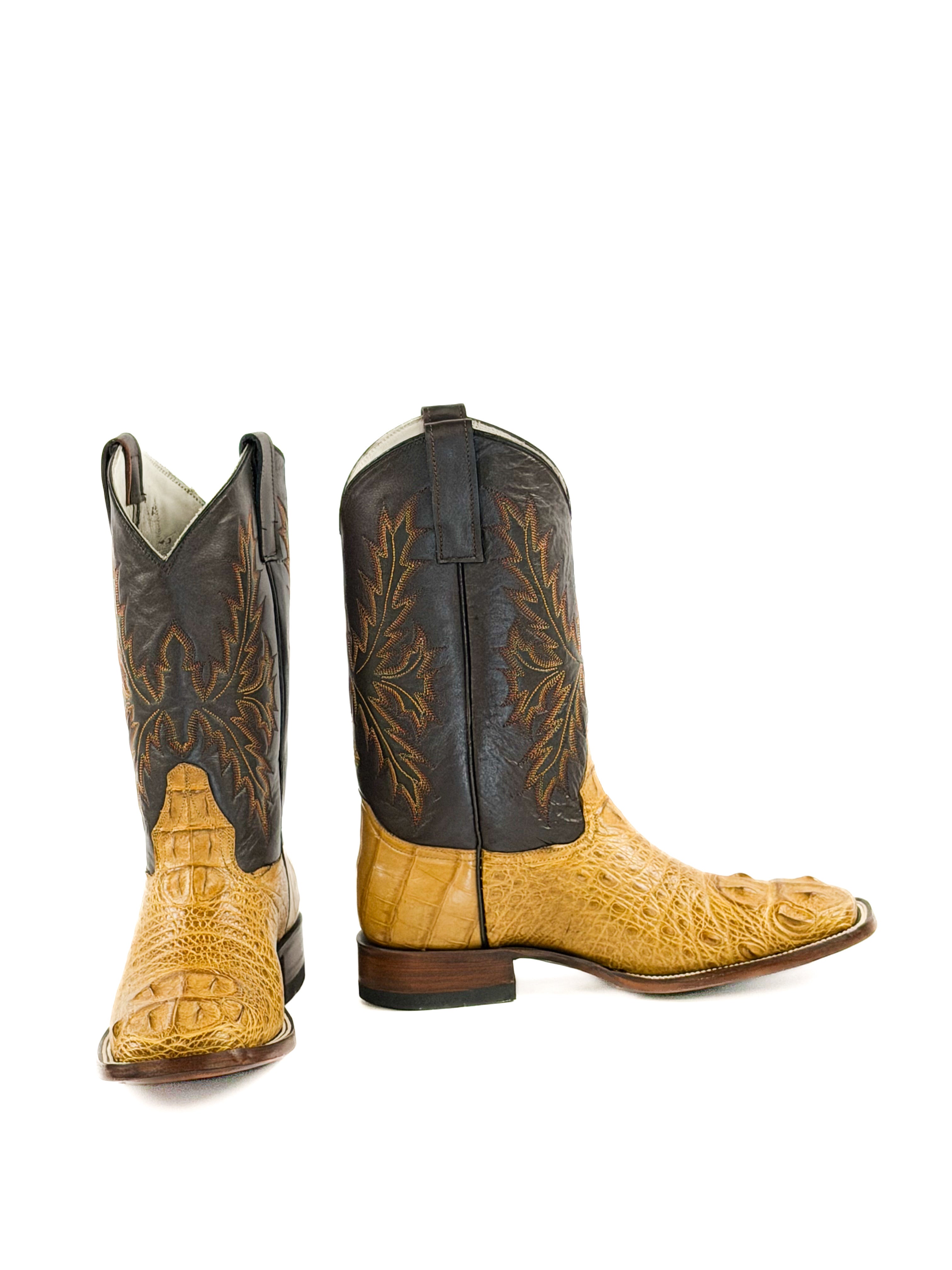 Pair of square toe boots with yellow crocodile-patterned and brown upper shaft