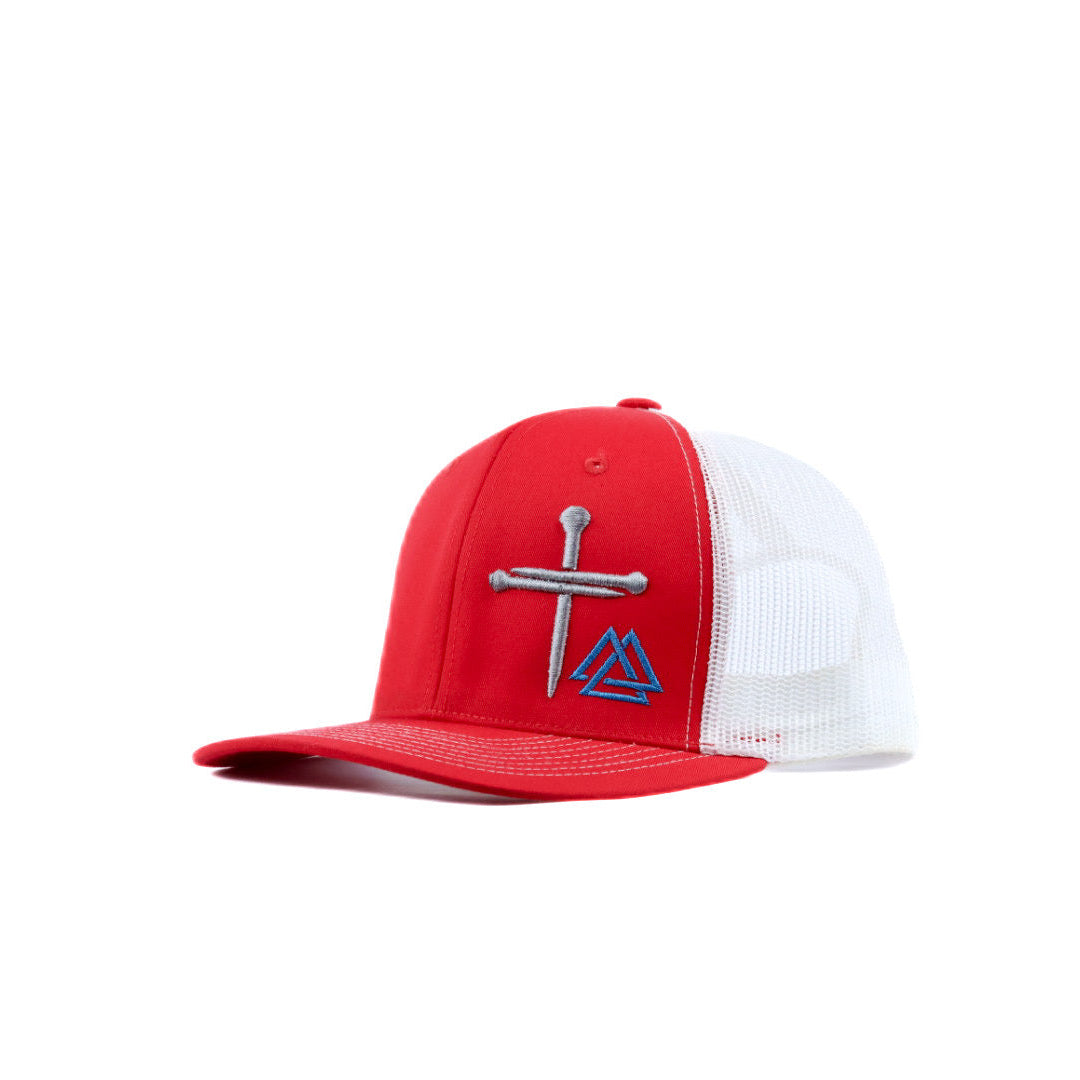 red andw hite cap with sword logo