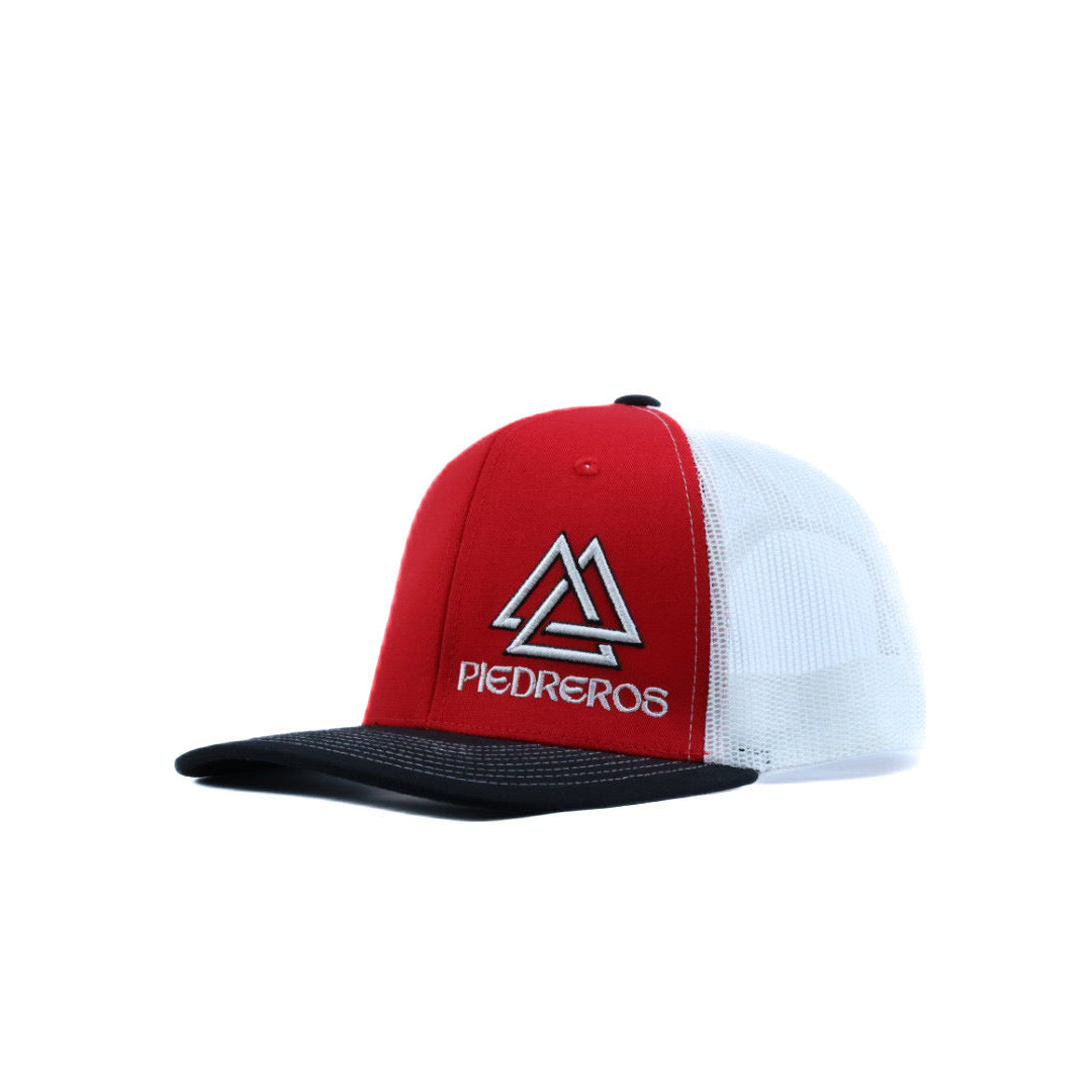 Red, white, and black cap with black and white logo 