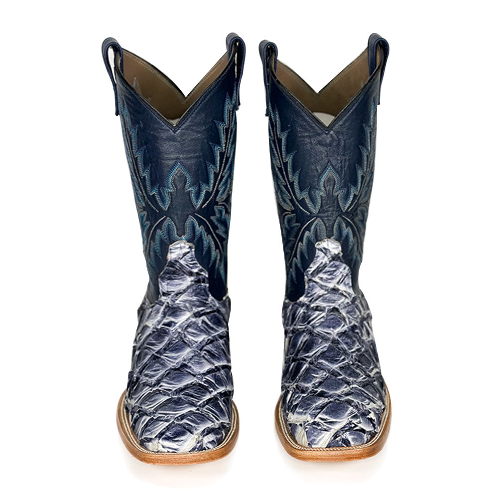 Uaias Fish Blue Boot — detail shot of handmade fish skin boots