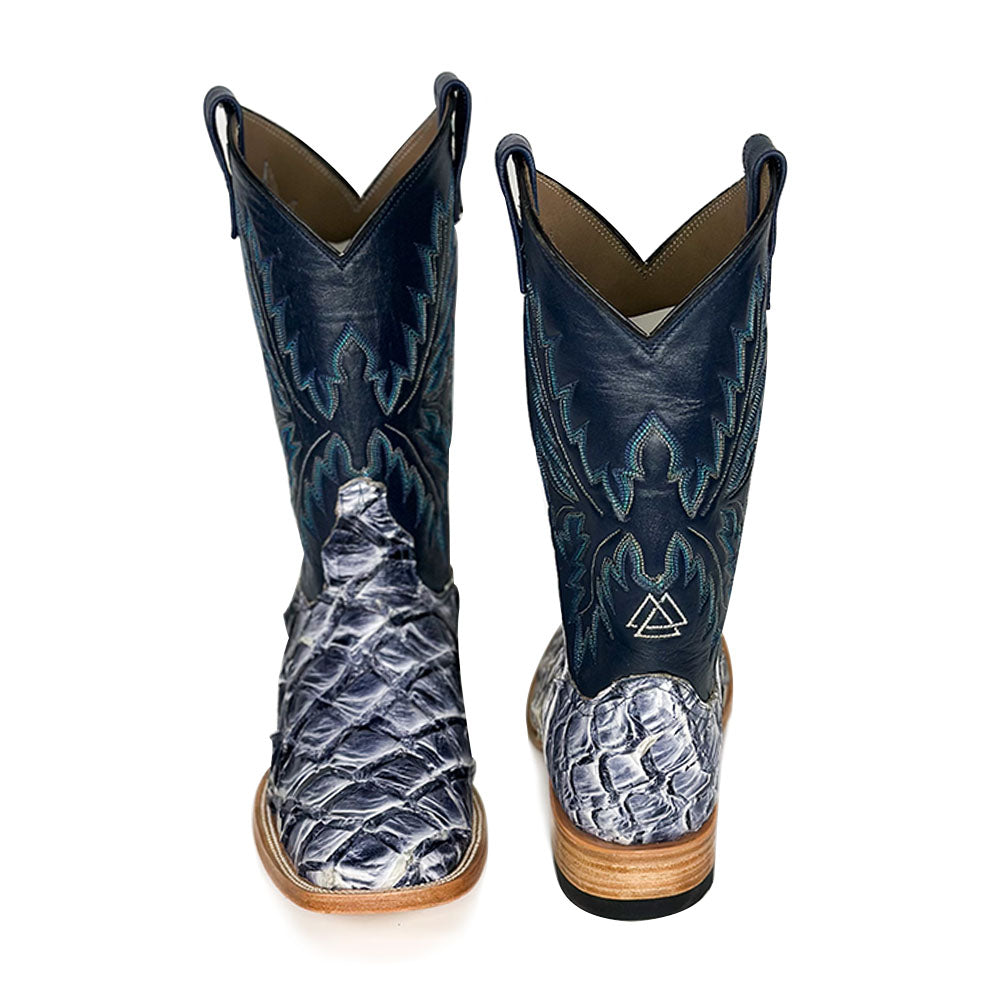 Uaias Fish Blue Boot — angled view of handmade fish skin boots