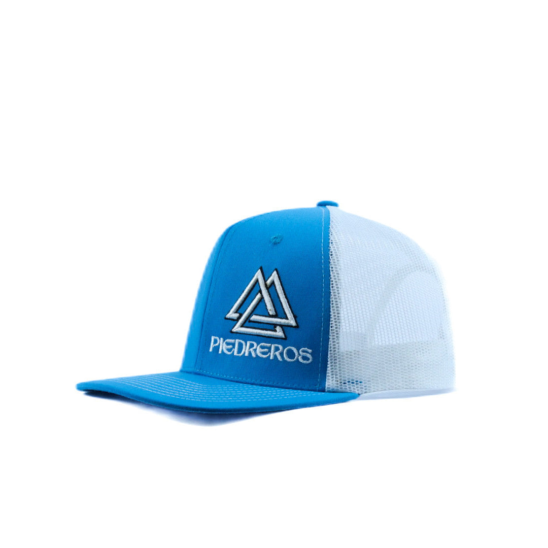 Blue and white mesh cap with white and black logo