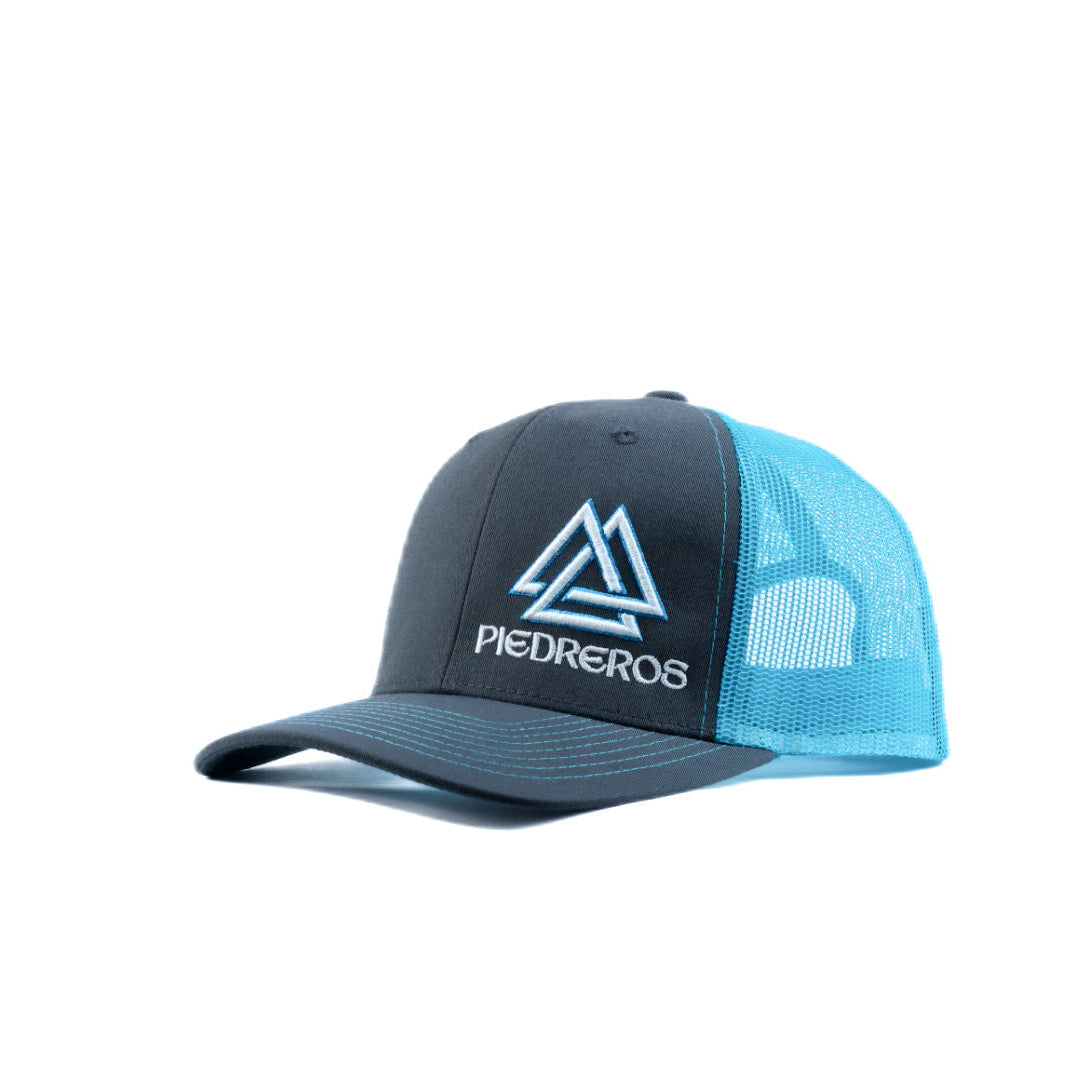 gray and blue mesh cap with white and blue logo