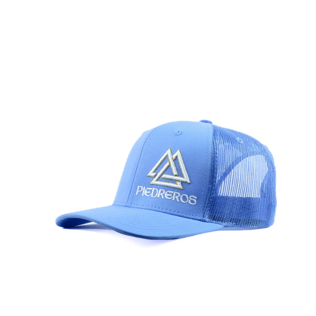 Blue mesh cap with white and gold logo