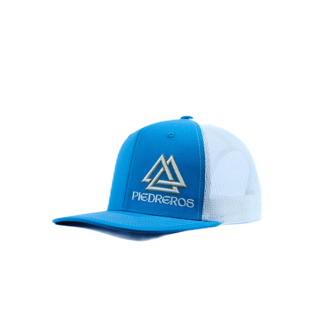 blue and white mesh cap with white and gold logo