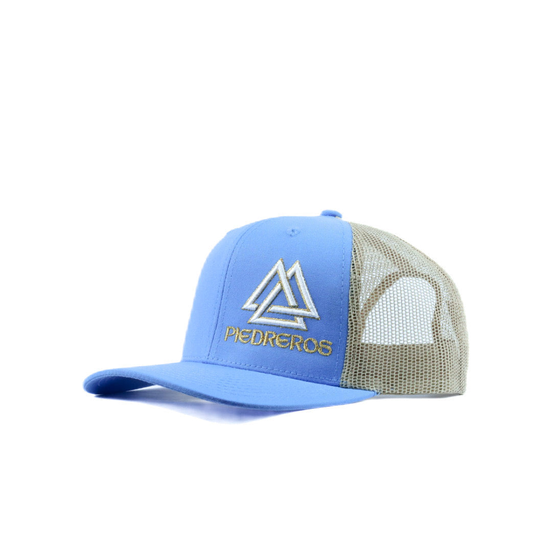 Blue and beige mesh cap with white and gold logo