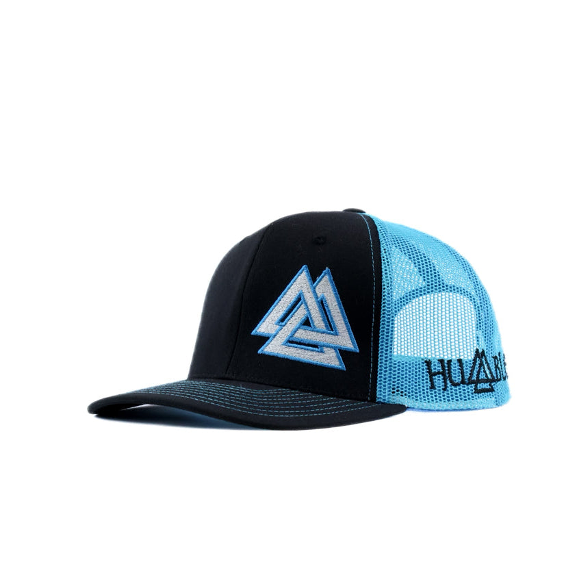 Black and blue mesh cap with white and blue triangle logo
