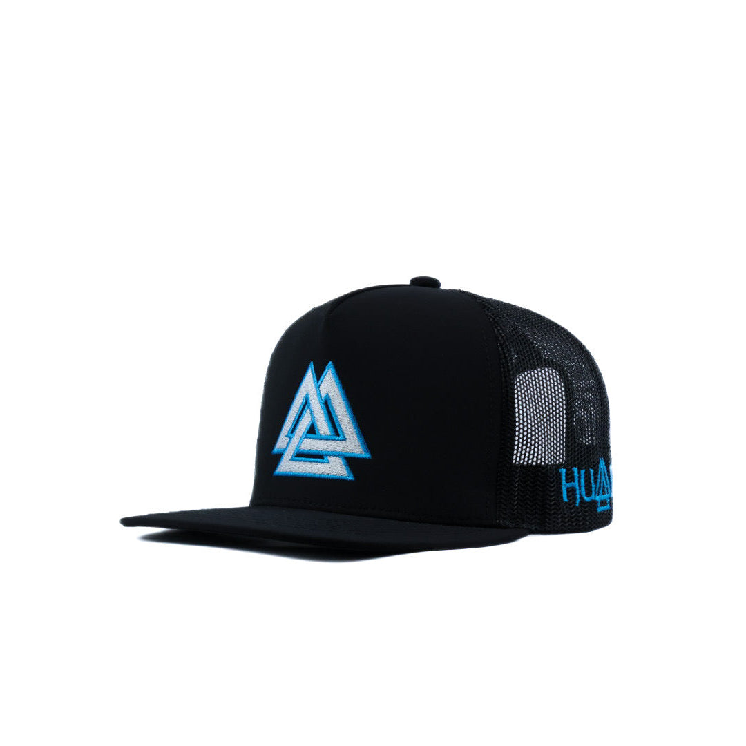 Black mesh cap with white and blue logo