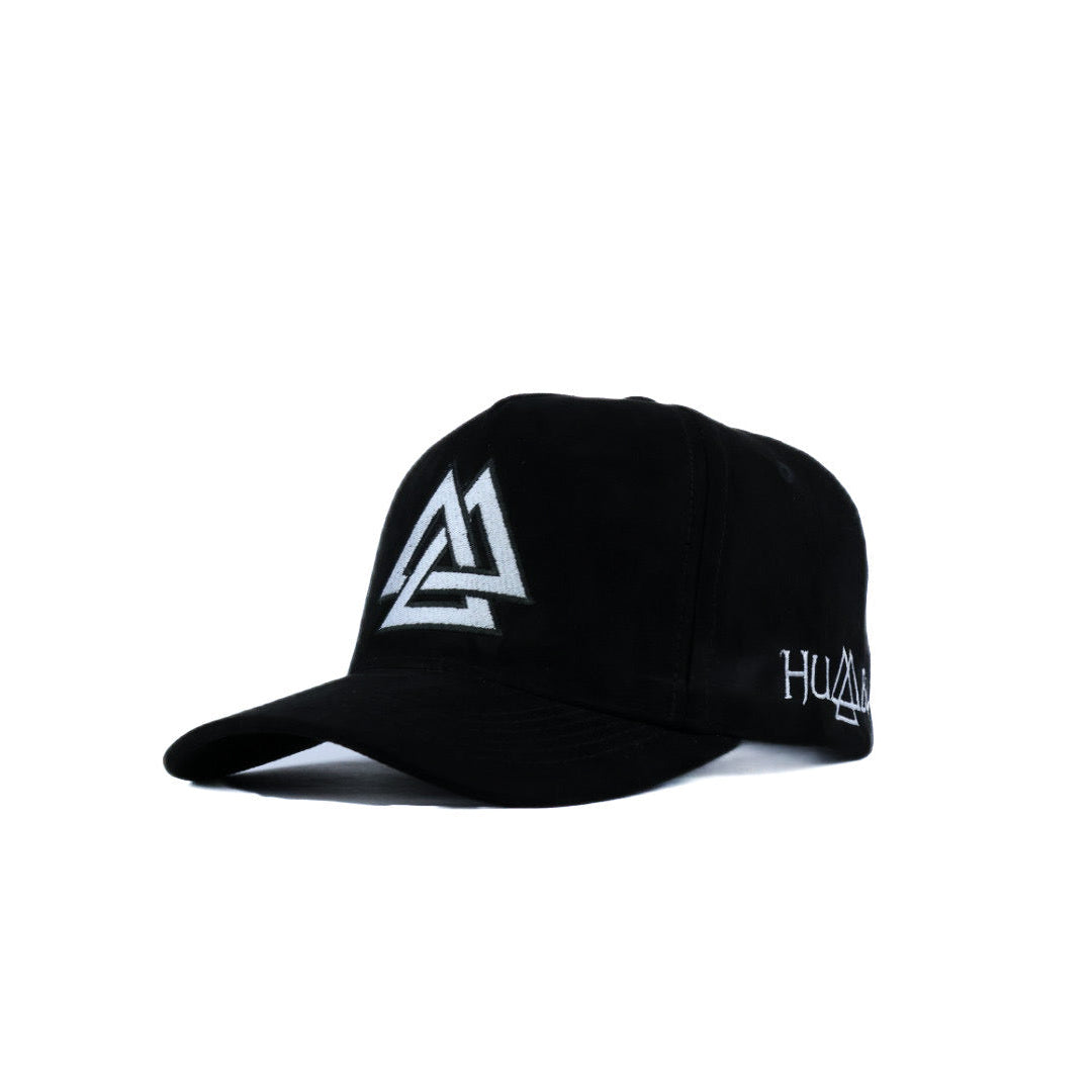 Black suede cap with white and black logo