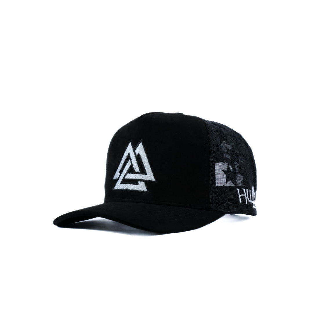 Black mesh star cap with a black and white logo 