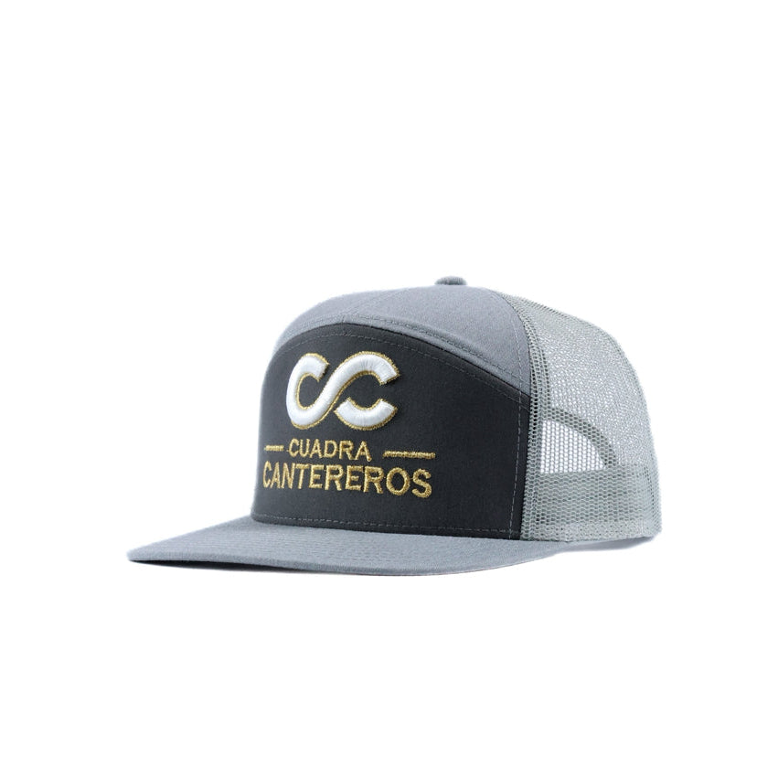 Gray mesh cap with cantereros white and gold logo