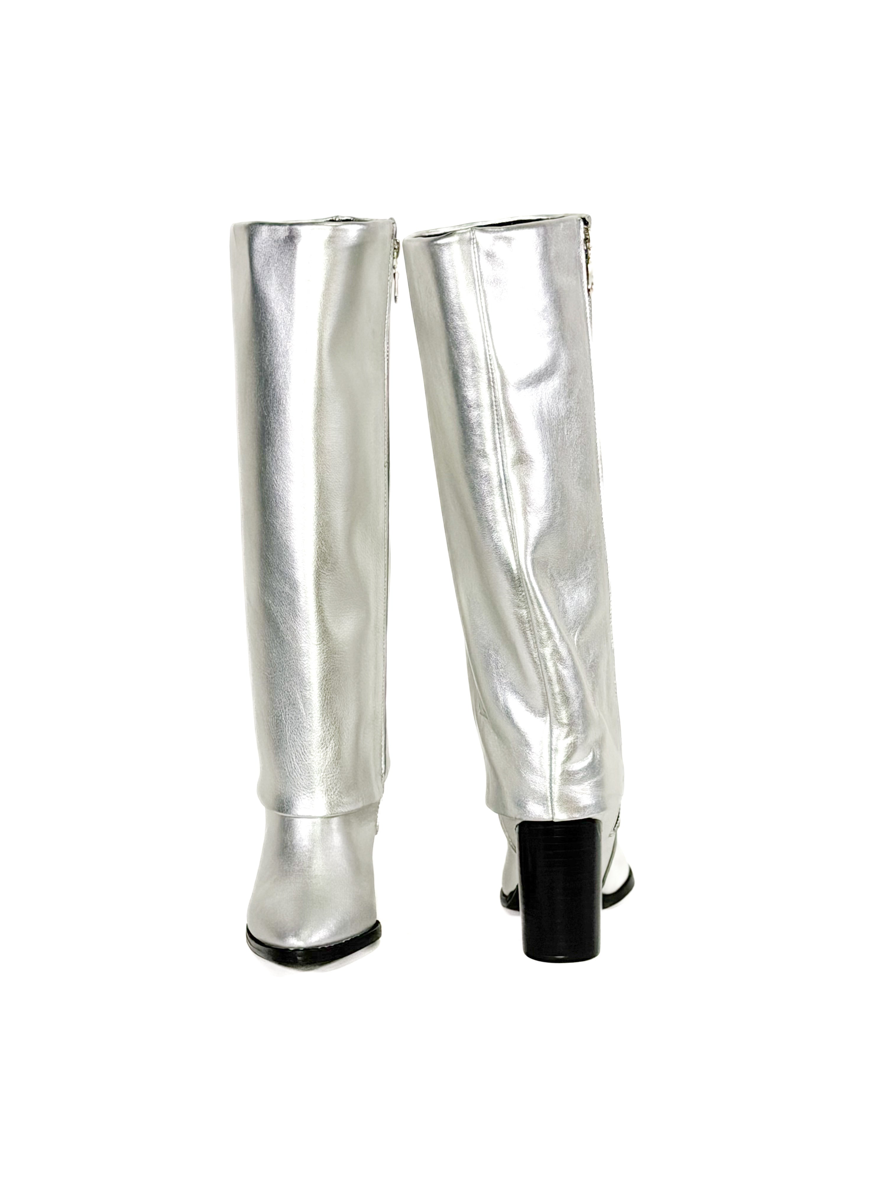 womens silver metallic leather zipper boots with block heel