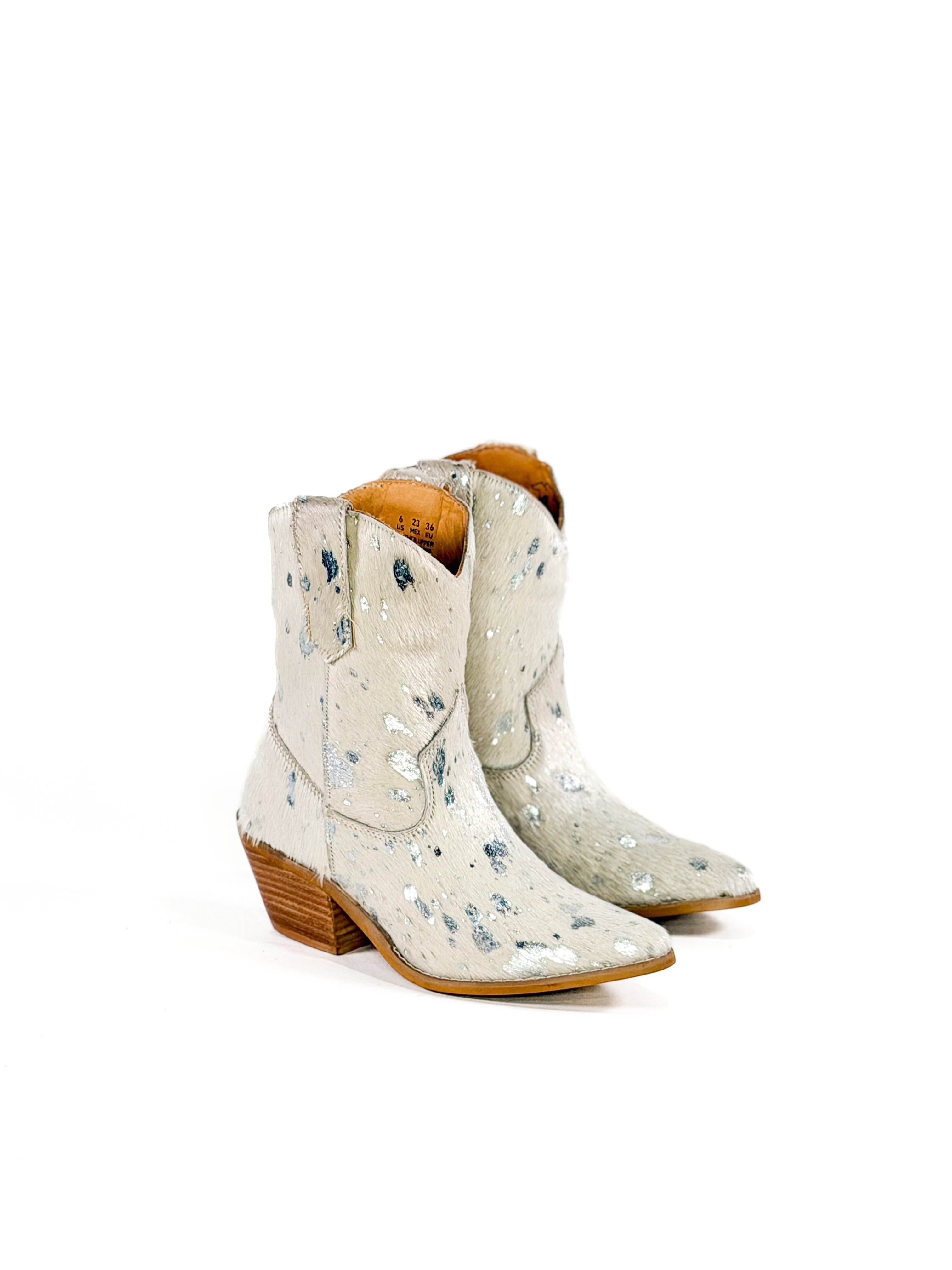 White silver speck cowgirl cowhide ankle booties