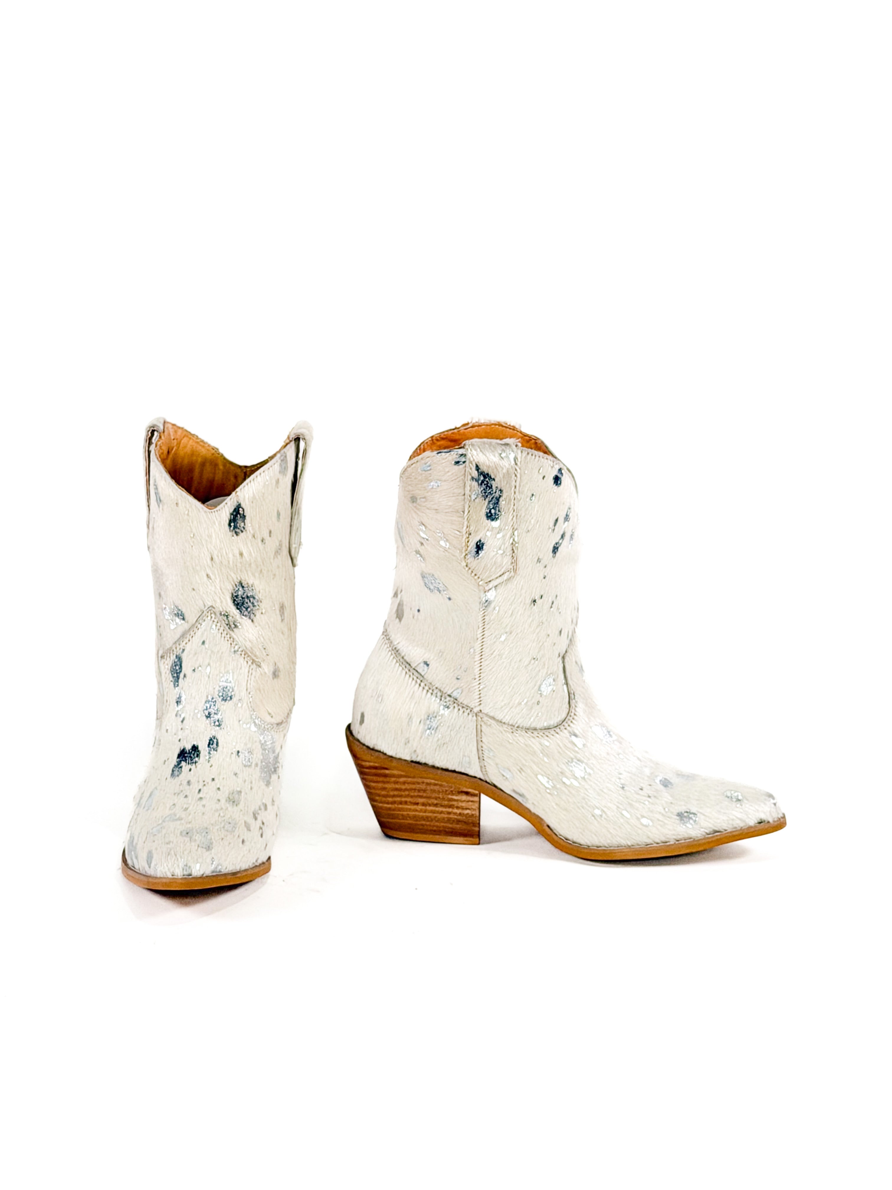 White silver speck cowhide cowgirl ankle booties 