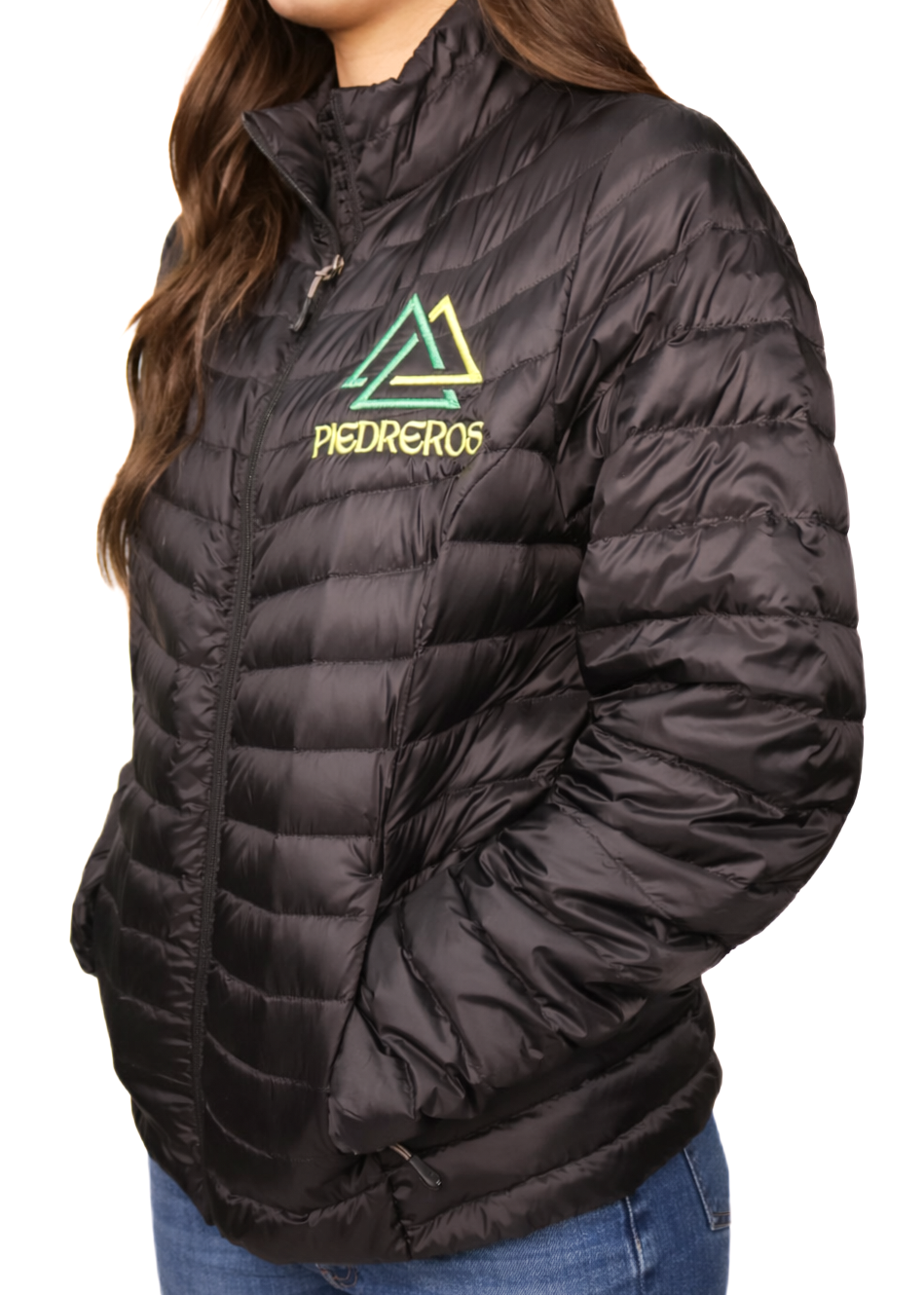 Black puffer jacket with piedreros logo