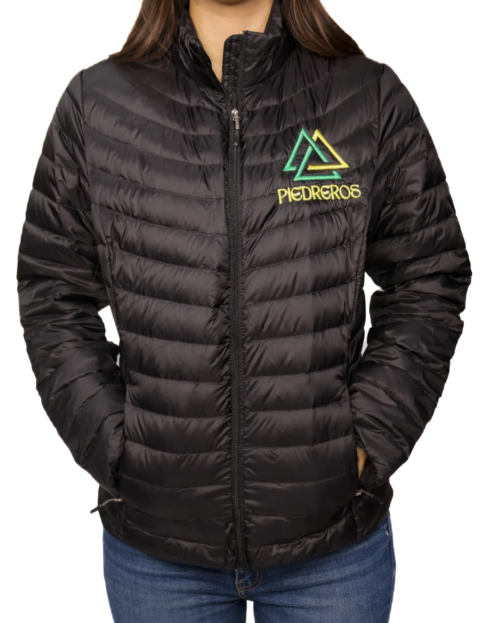 Black puffer jacket with piedreros logo
