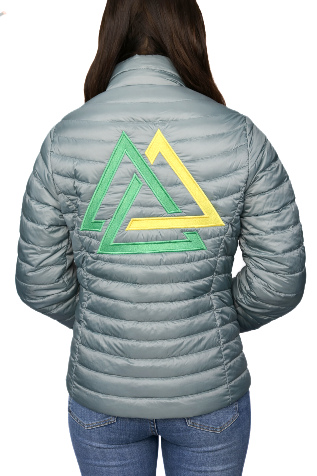 Blue gray puffer jacket with piedreros logo
