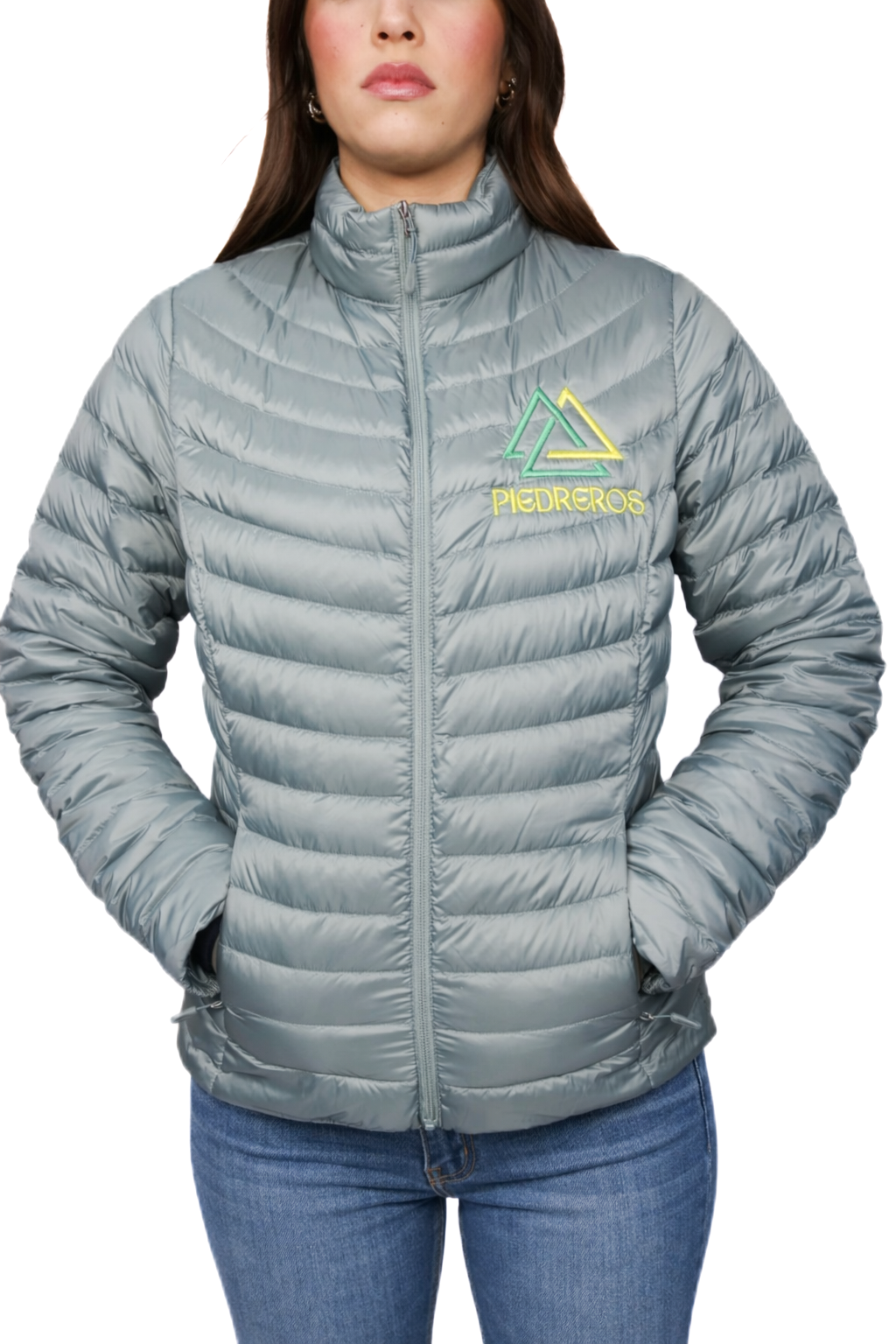 Blue Gray puffer jacket with piedreros logo