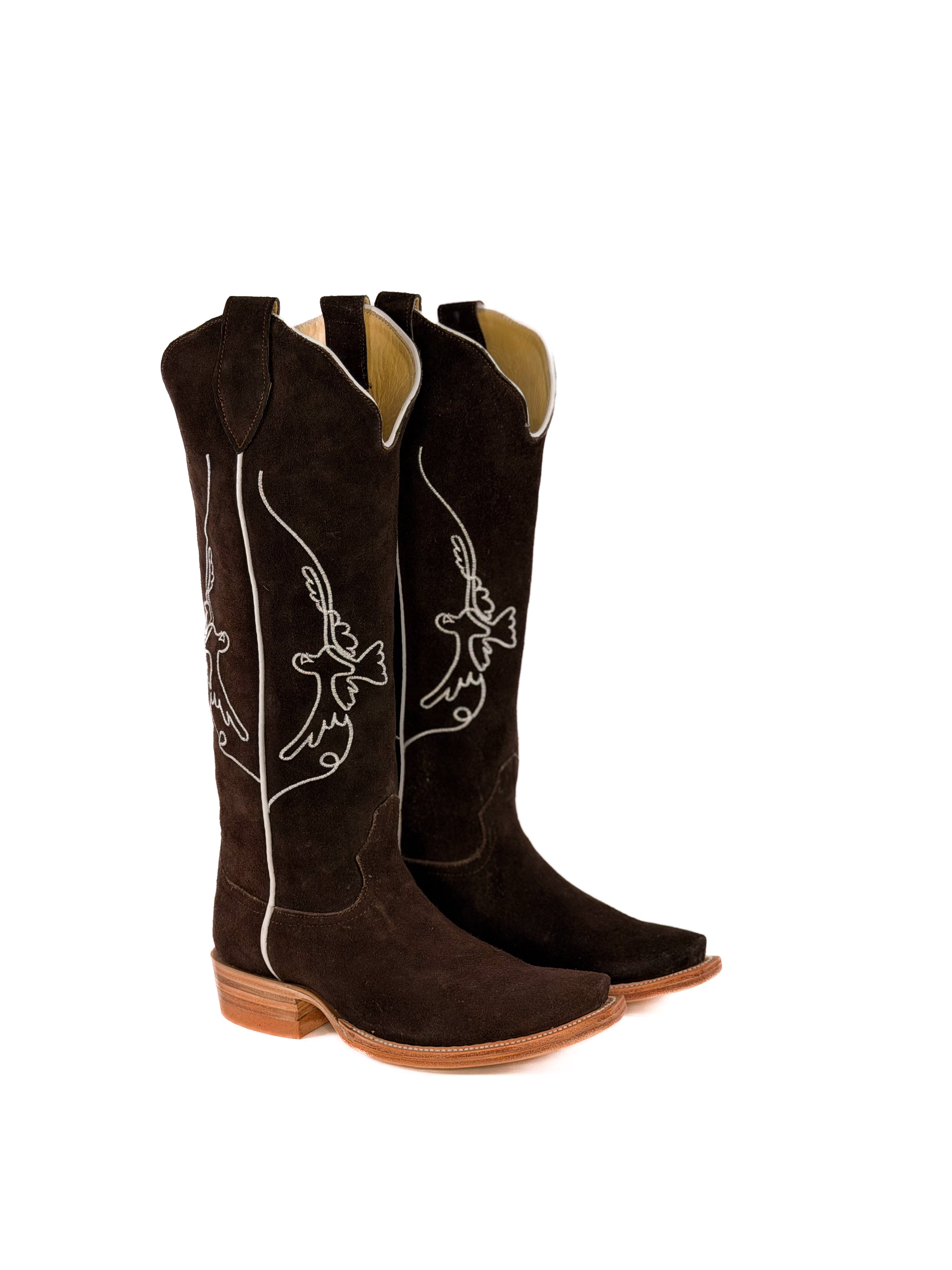 pair of brown suede cowgirl boots with white bird detailing