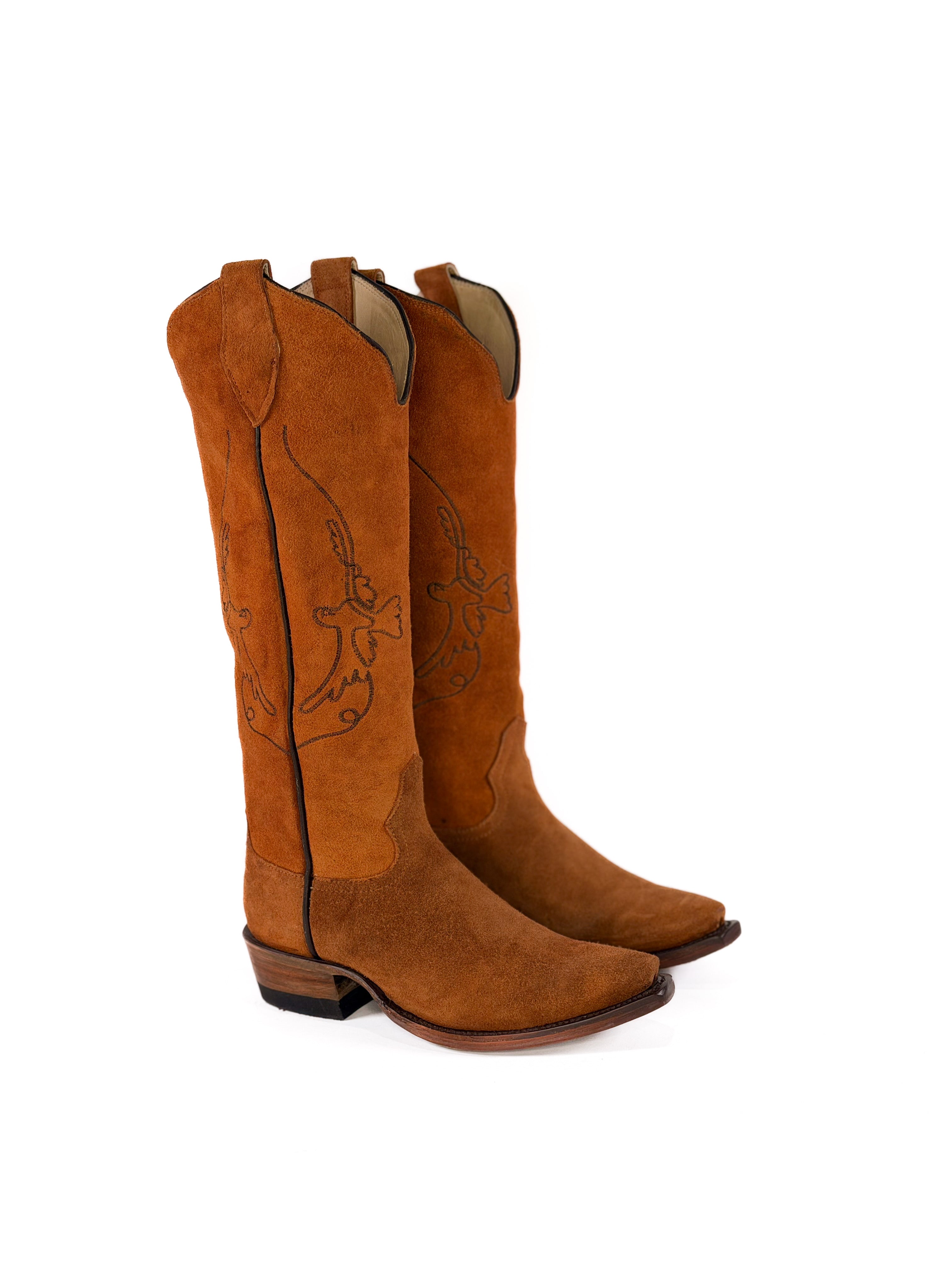 pair of burnt amber suede cowgirl boots with gold bird detailing