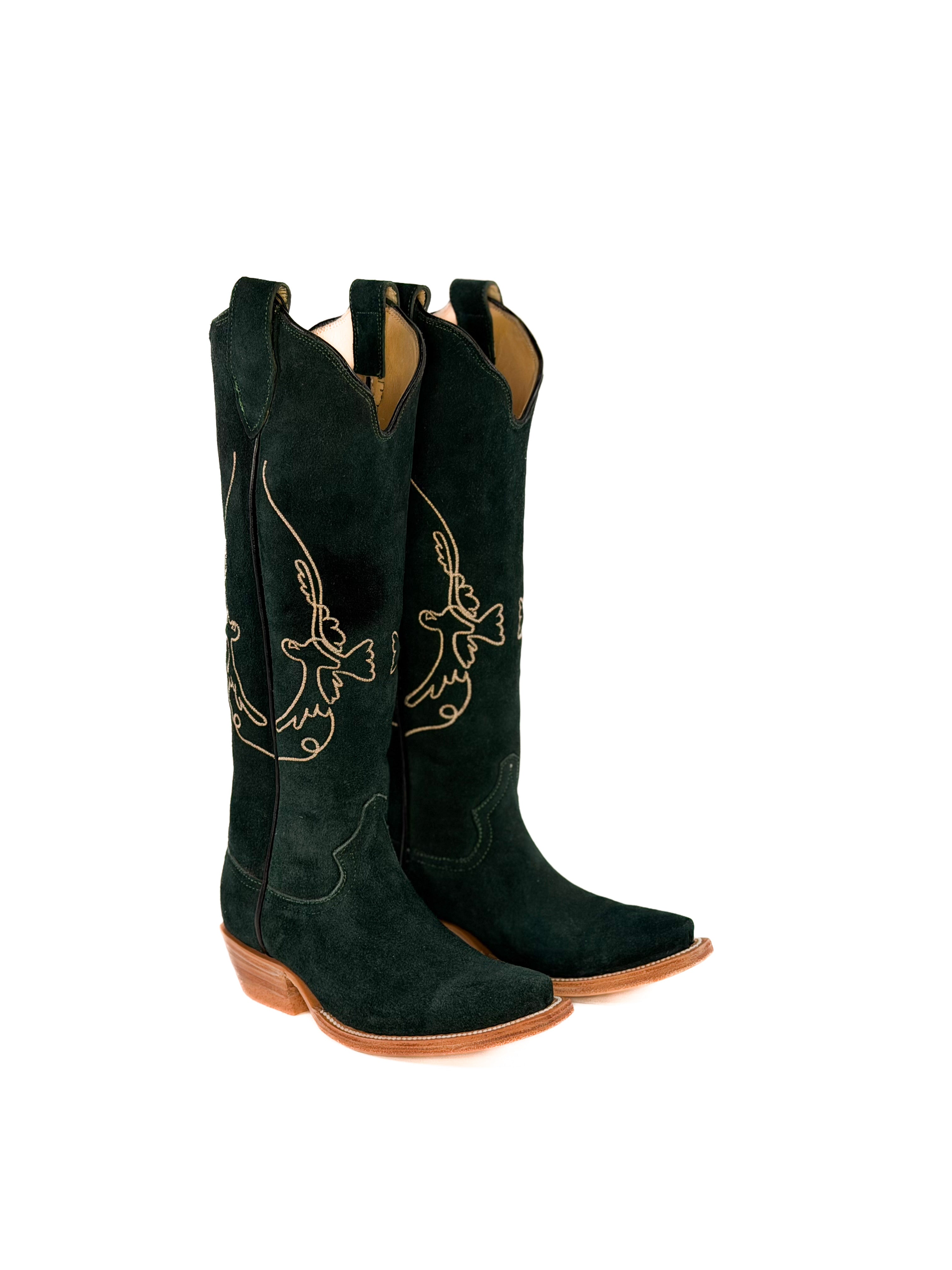 pair of green suede cowgirl boots with gold bird detailing