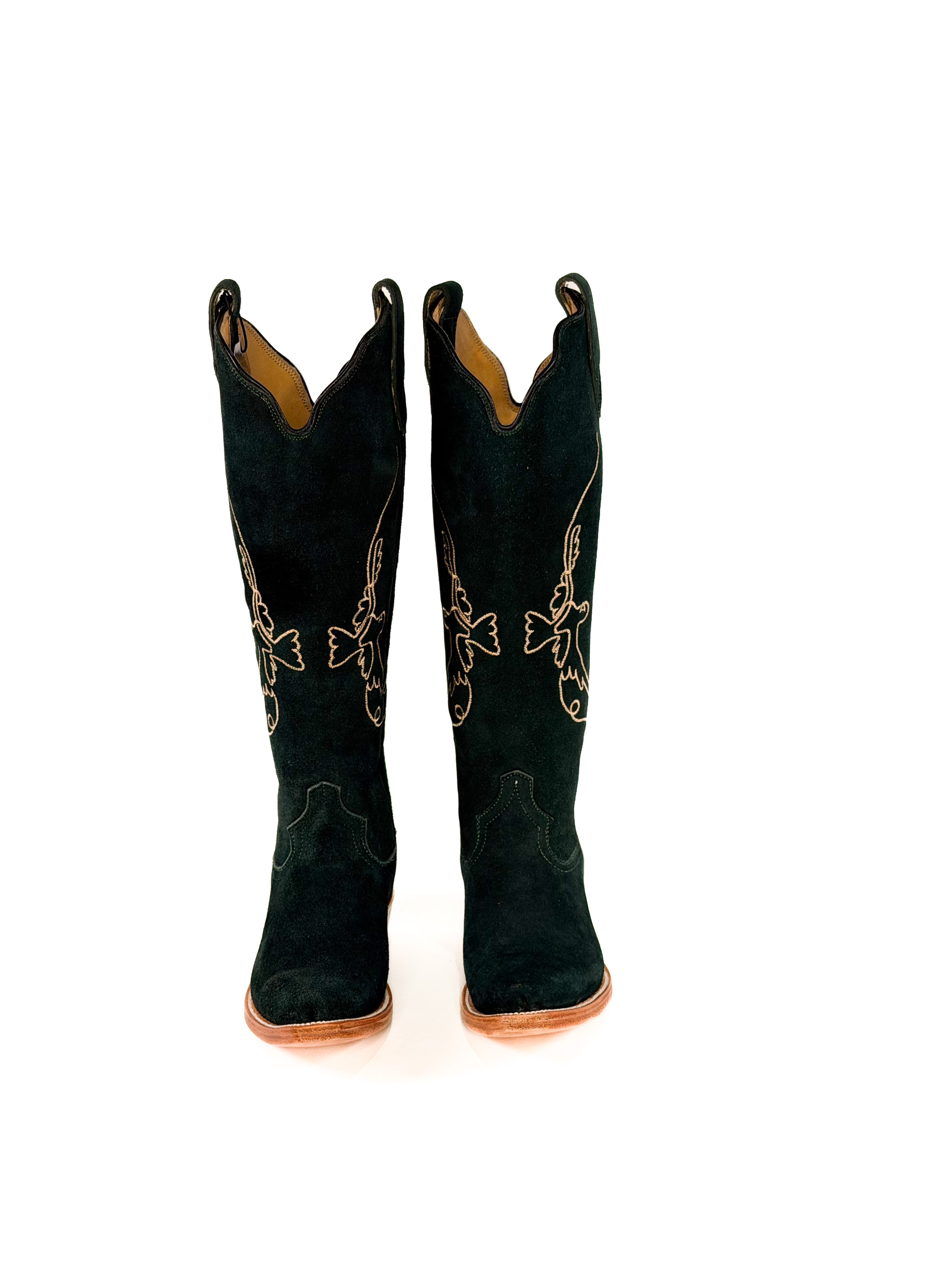 pair of green suede cowgirl boots with gold bird detailing
