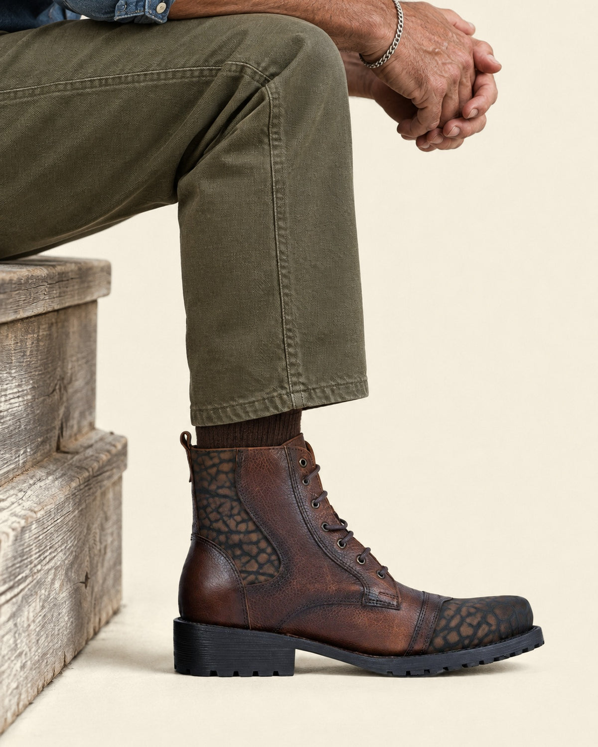 The Chicago — seated, worn with olive canvas pants