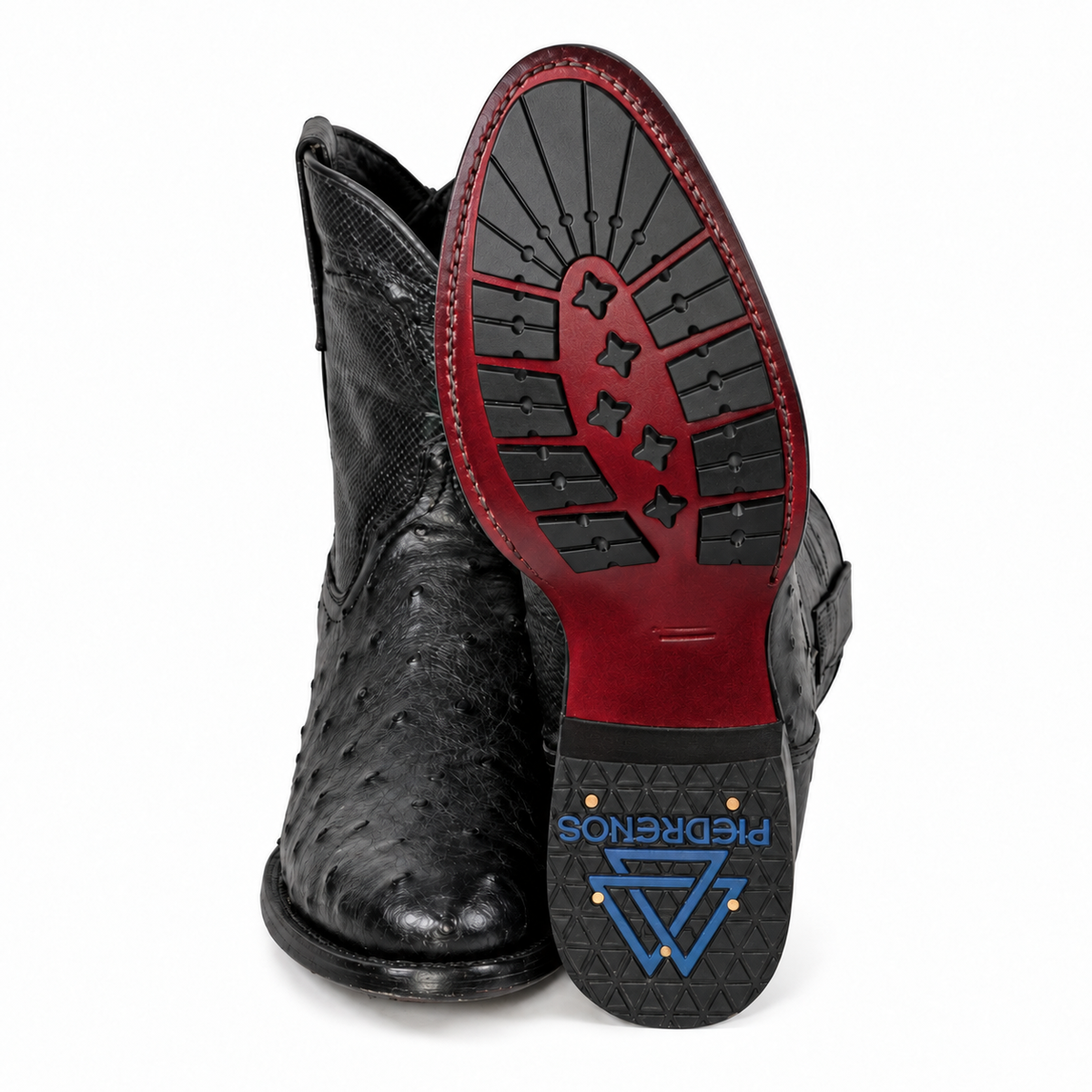 The Detmold — Ostrich Round Toe Men's Cowboy Boot, front and side view