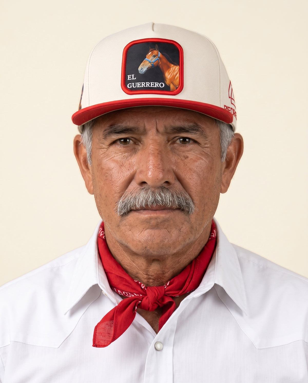 Horse Cap El Guerrero — worn with a white western shirt and red bandana