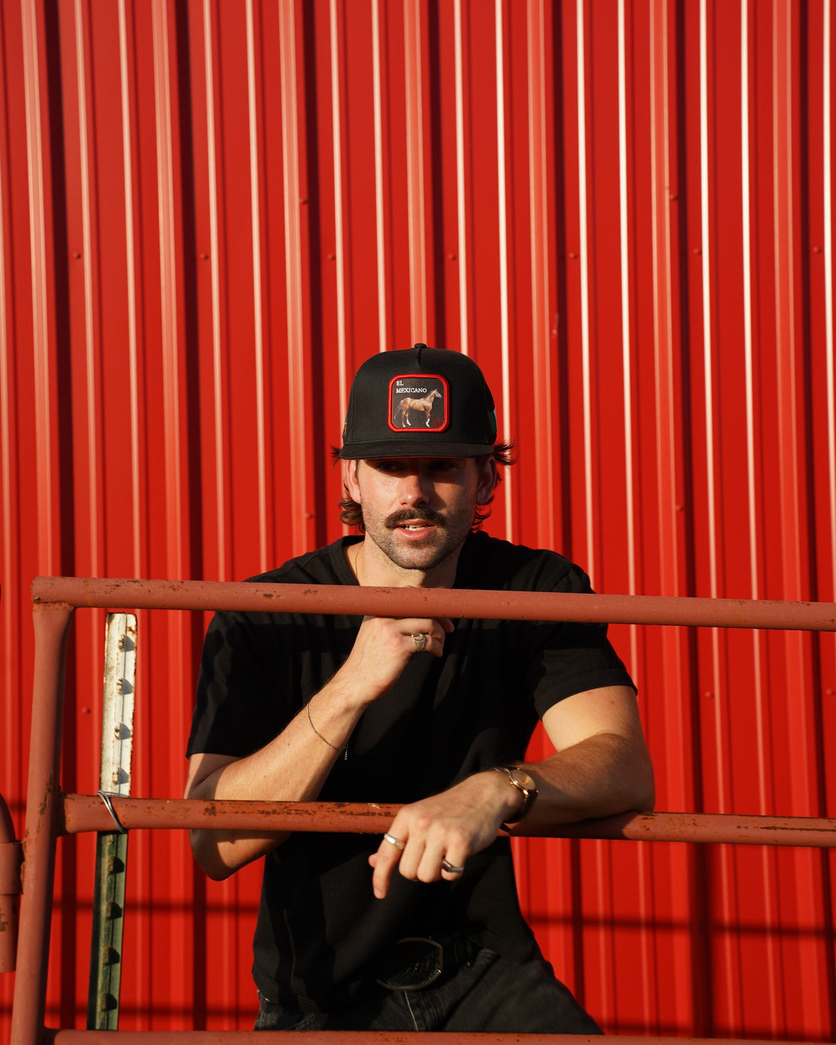 Horse Cap El Mexicano — in front of the red barn