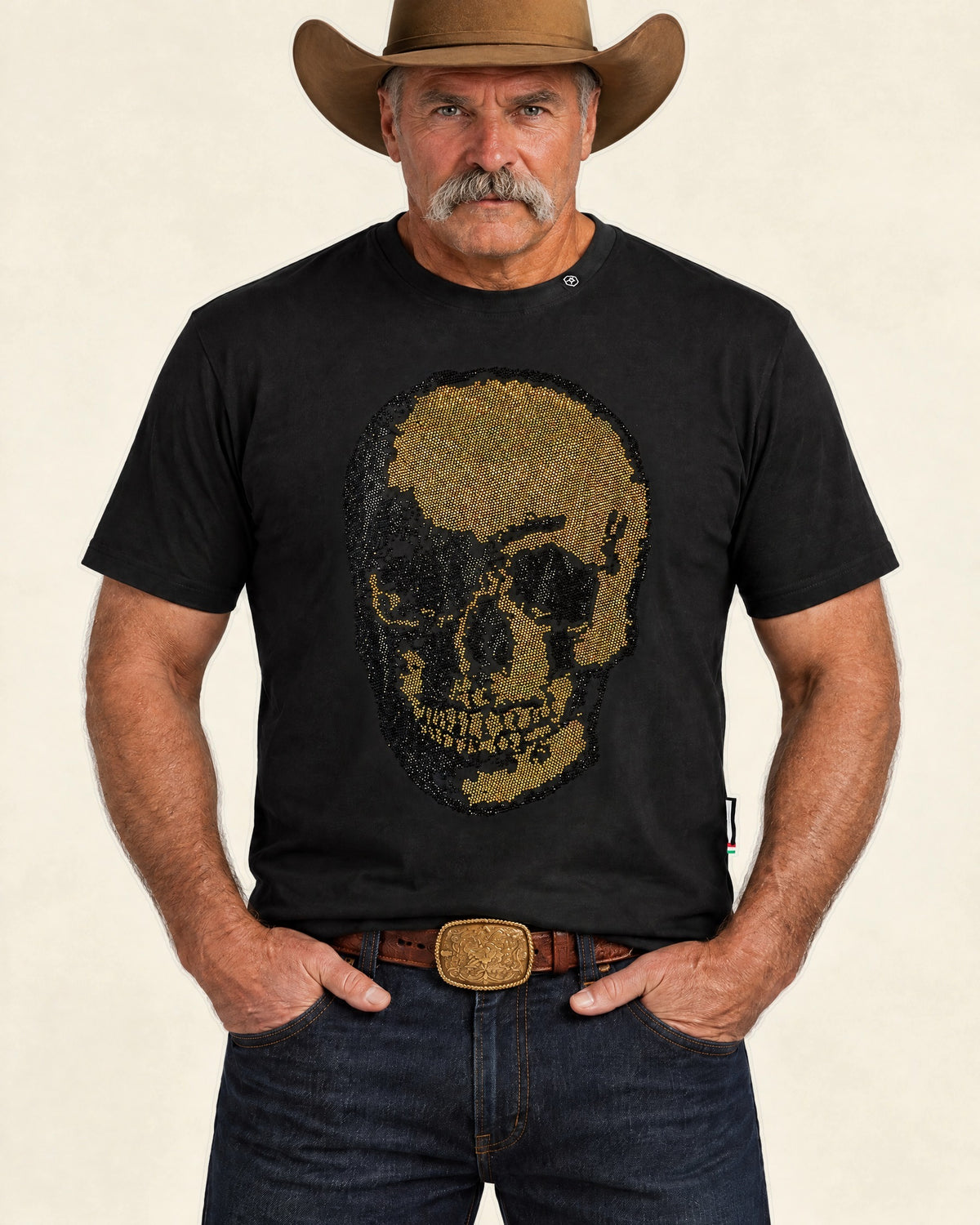 Medianoche T-Shirt — worn with honey felt hat and dark denim
