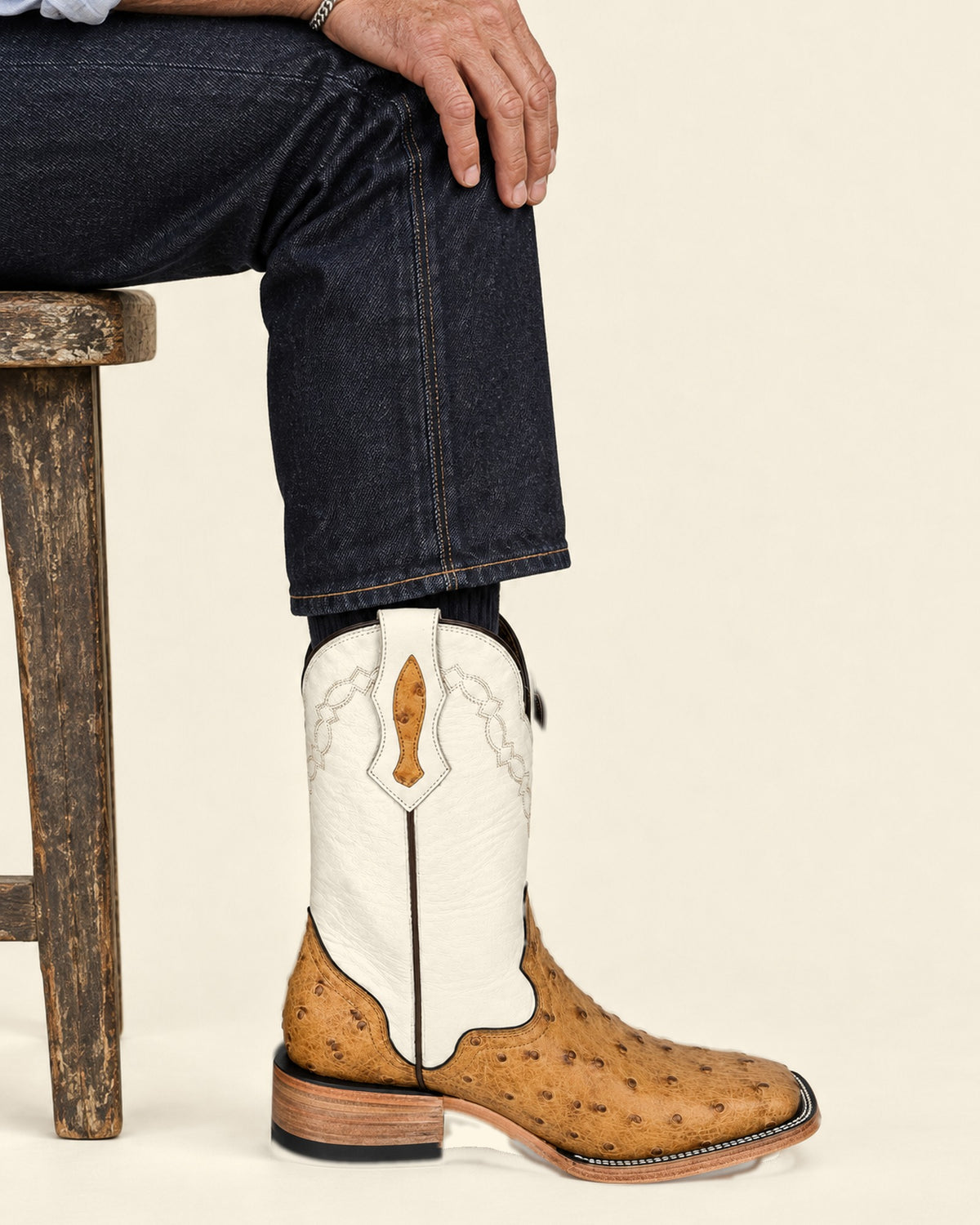 The Pajaro Loco — seated, worn with dark indigo jeans