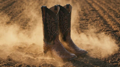 Ostrich cowboy boots on a dirt racetrack with dust drifting