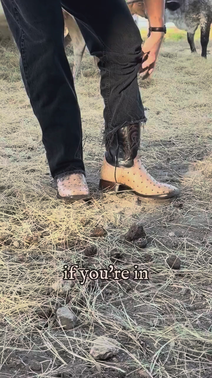 The Maxdale ostrich boot worn by Trey on the ranch
