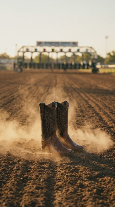 Ostrich cowboy boots on a dirt racetrack with dust drifting
