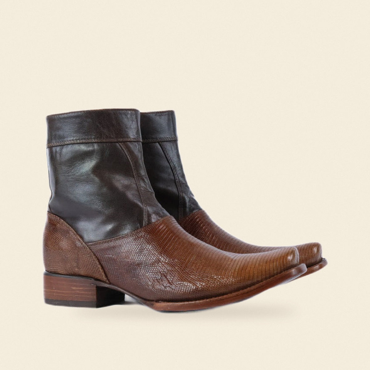 The Jasper — Lizard Square Toe Men's Cowboy Boot, front and side view