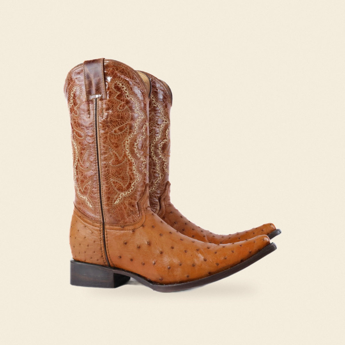 The Simonton — Ostrich Snip Toe Men's Cowboy Boot, front and side view