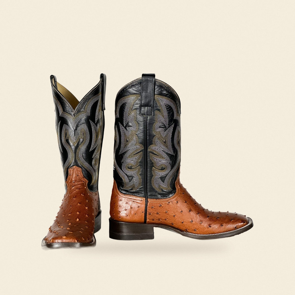 The Malakoff — Ostrich Square Toe Men's Cowboy Boot, front and side view
