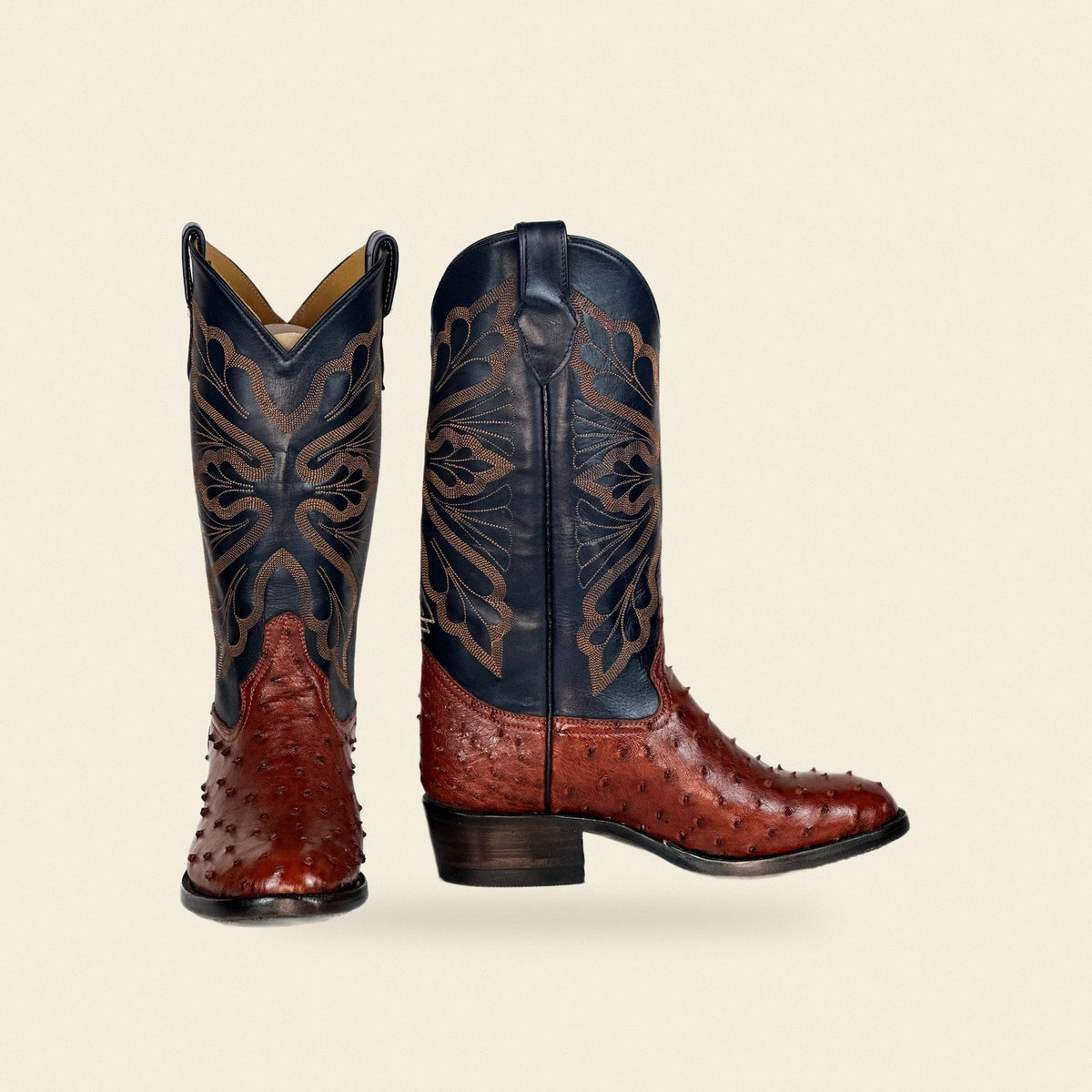 The Kerens — Ostrich Round Toe Men's Cowboy Boot, front and side view