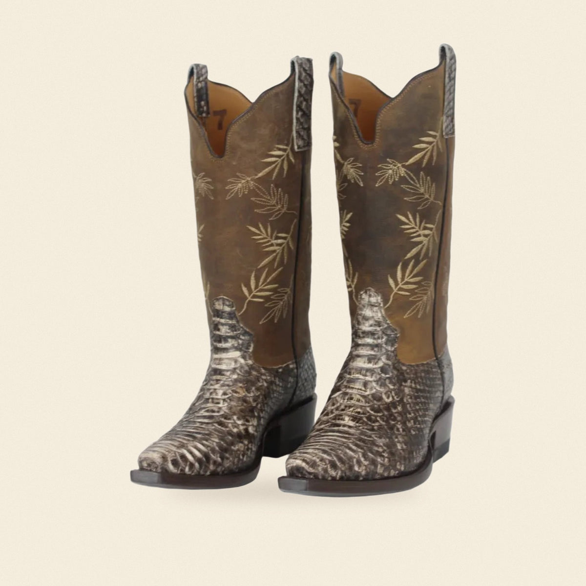 The Dolores — Python Square Toe Women's Cowboy Boot, front and side view