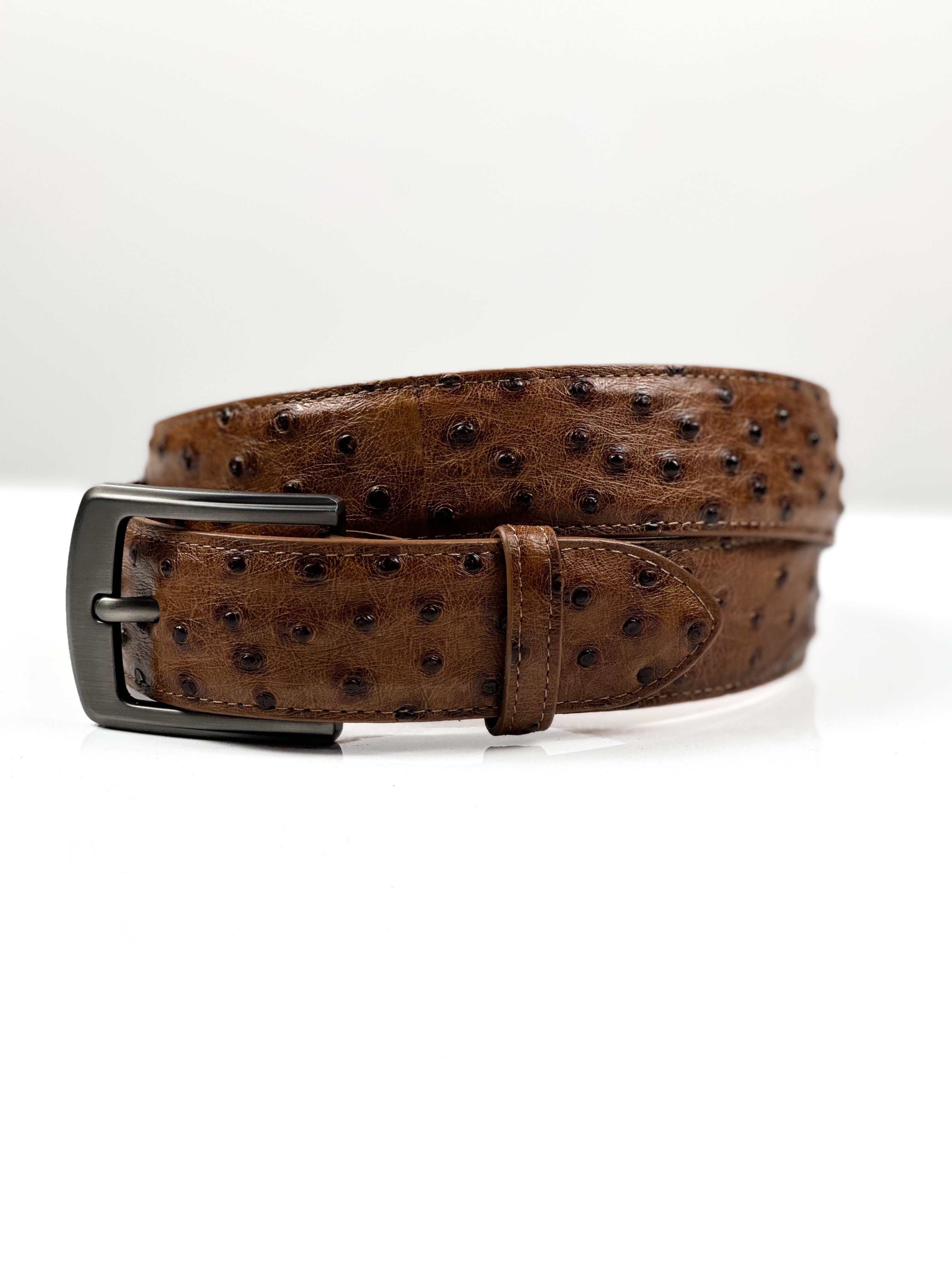 Brown ostrich-patterned belt with a stainless steel buckle 
