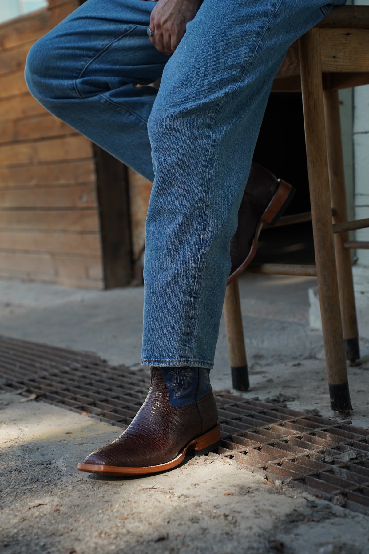 The Wharton boot with blue shaft and lizard vamp, sole detail